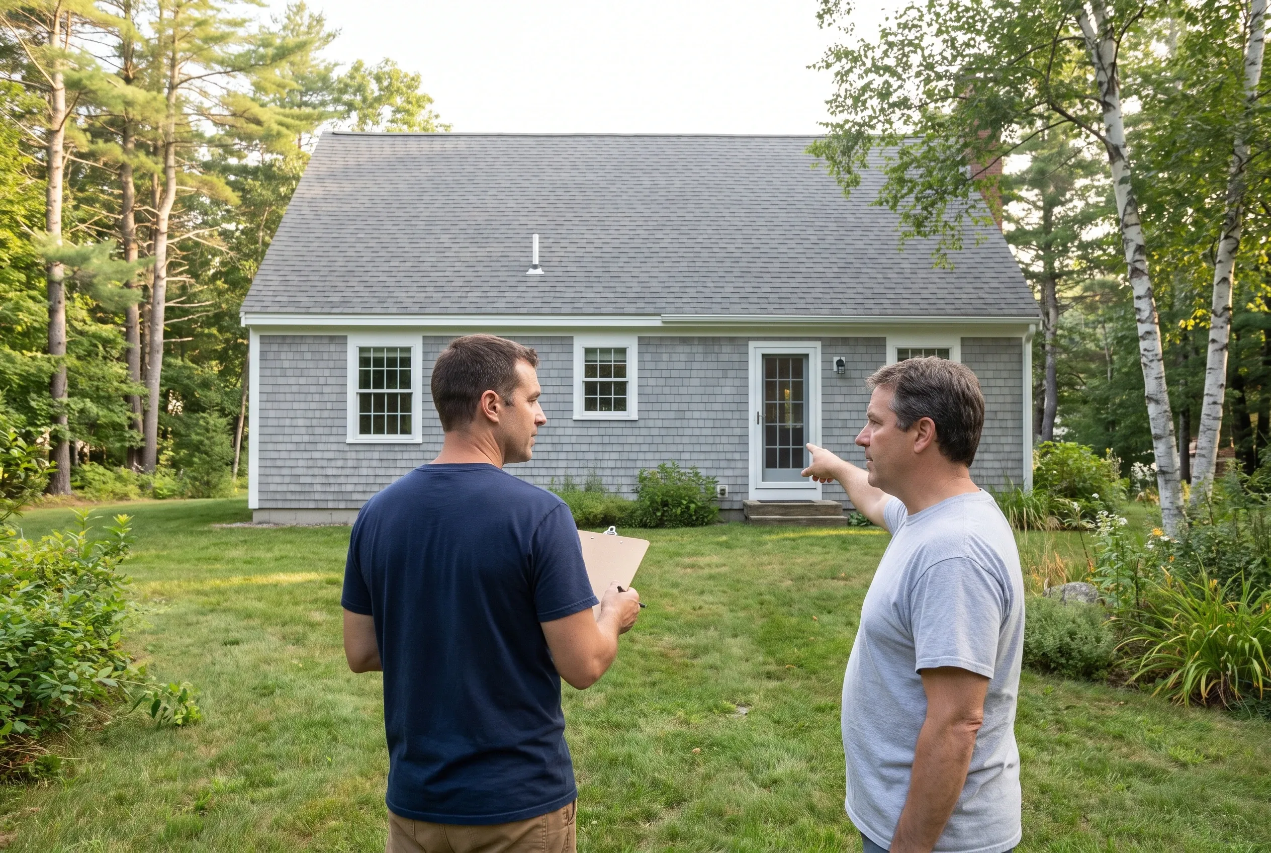 Two men talking in a backyard, one holding a clipboard while the other points toward a gray-shingled house