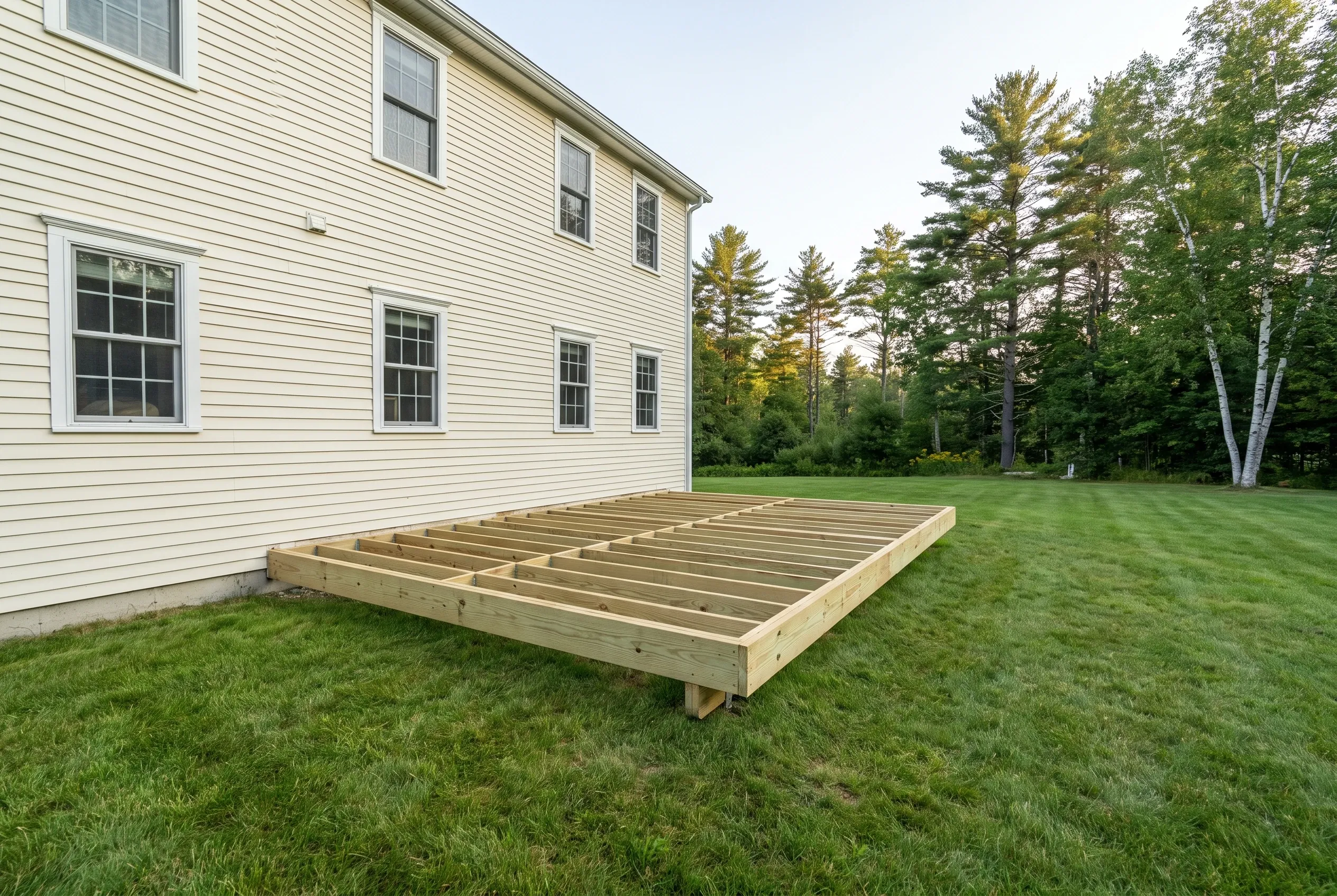 Undecked wooden deck frame with joists resting on the lawn beside a cream two-story house with trees beyond