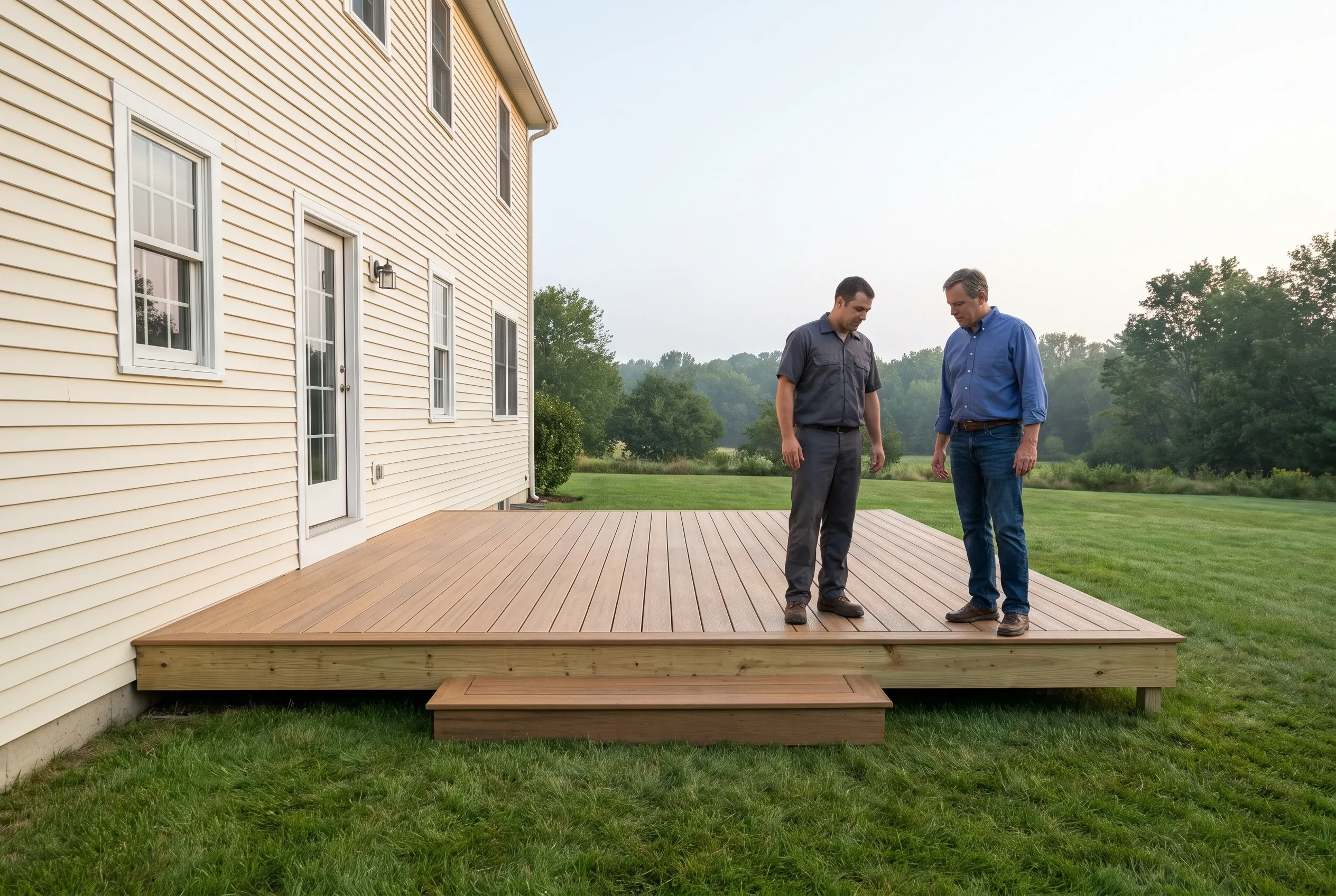 Two men stand on a low wood deck with a single step beside a cream-sided house, viewing the surface during a walkthrough