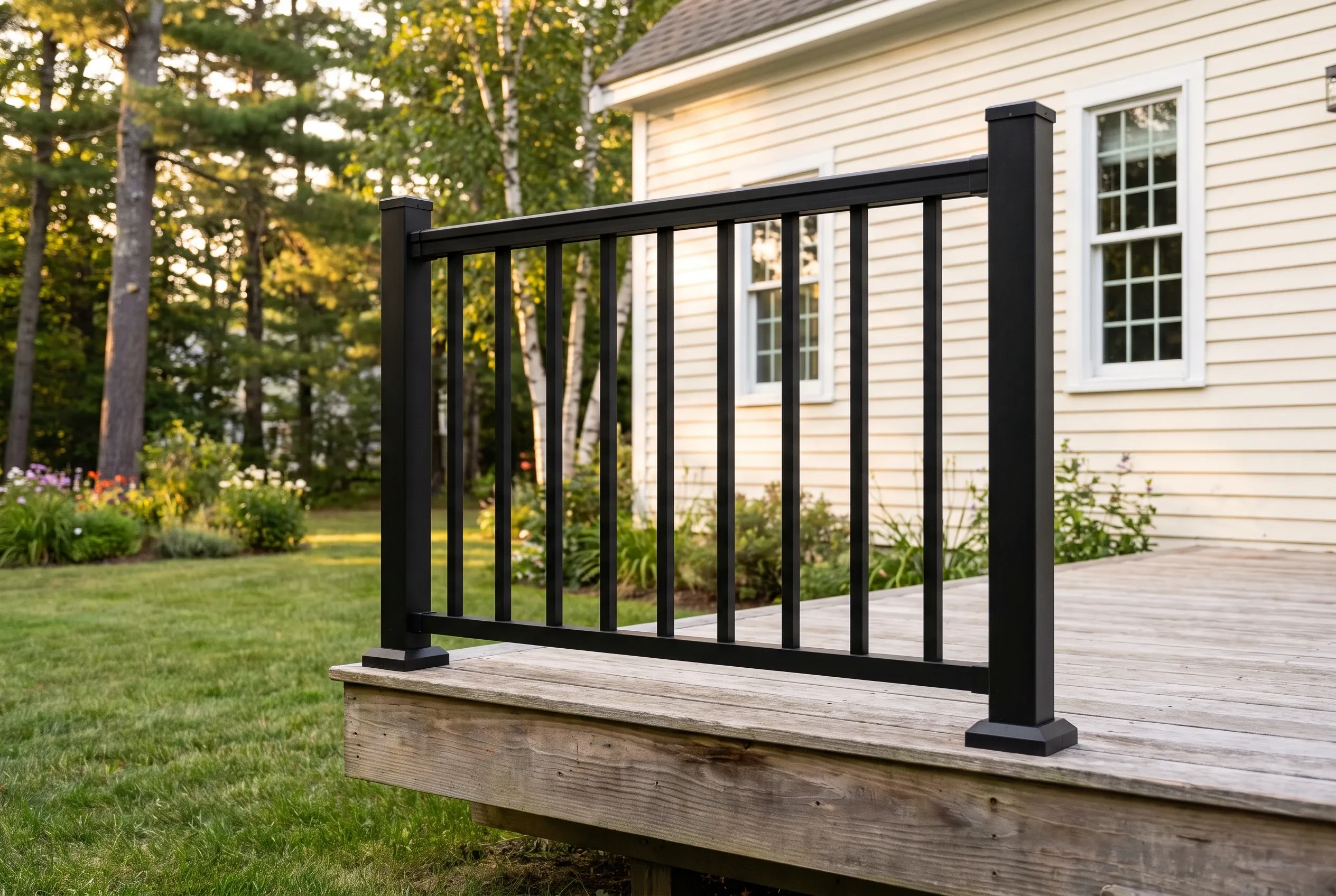 Black metal railing section with vertical balusters on the edge of a weathered wood deck next to a cream-sided house