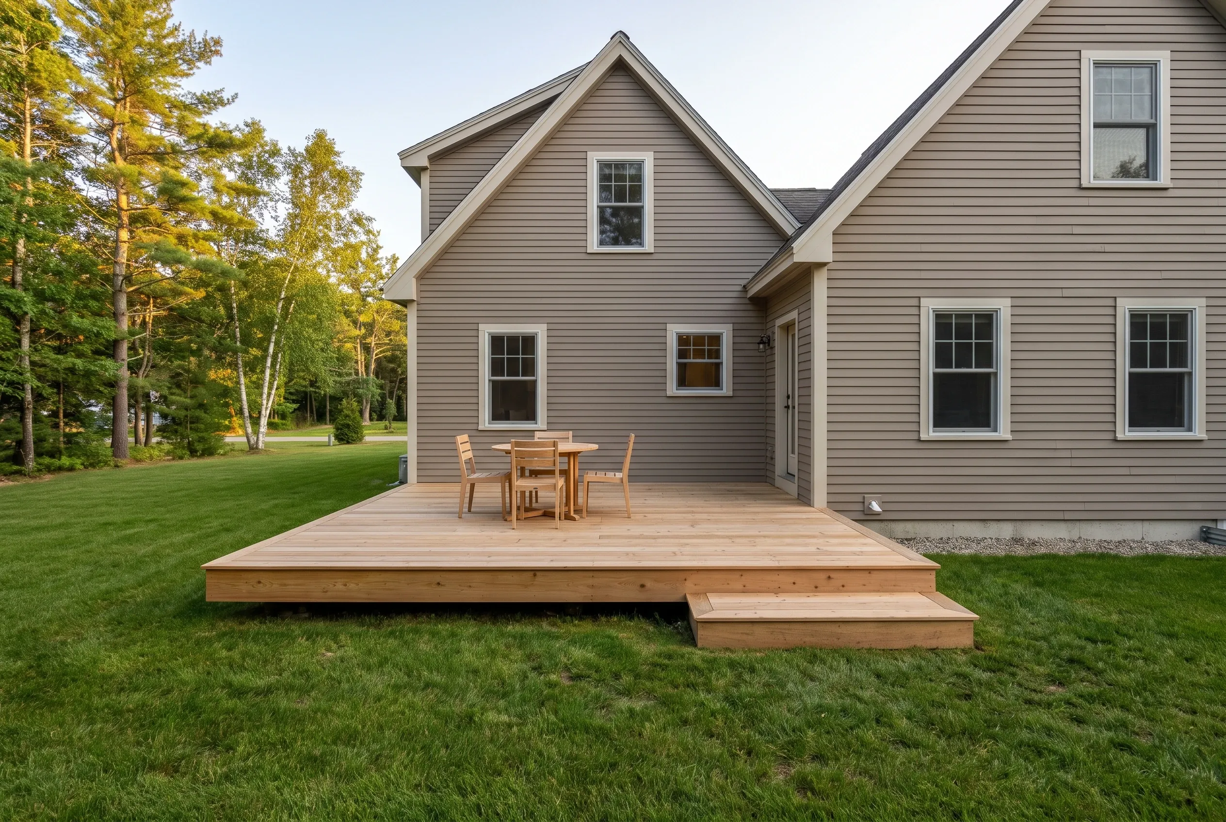 Low wood deck with a wooden table and chairs and a front step behind a two-story gray-sided house on a lawn