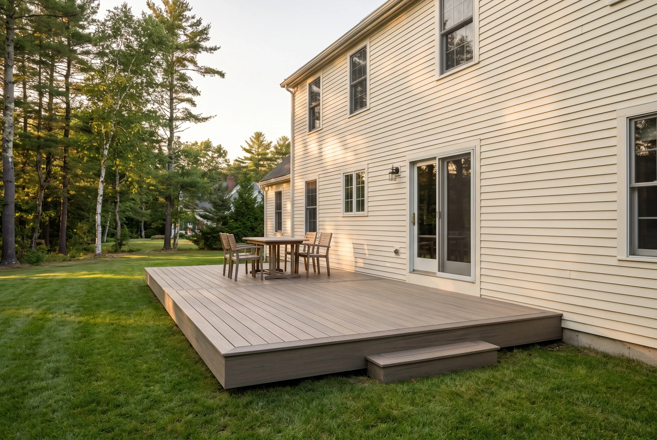 Deck builders in Ogunquit, ME: low gray-board deck with table, chairs, and a step beside a cream-sided two-story house