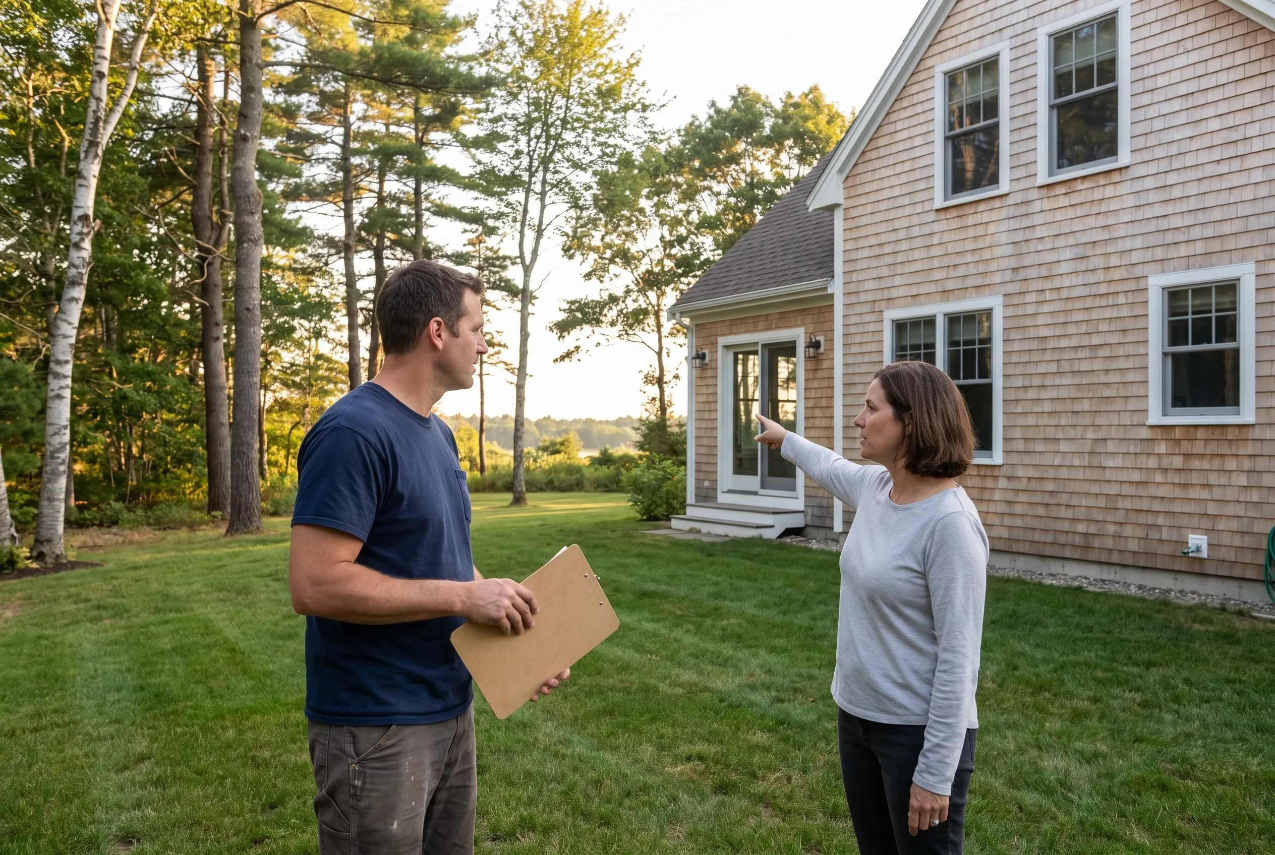 Man holding a clipboard listens as a woman points toward the back of a shingled house while standing on a lawn
