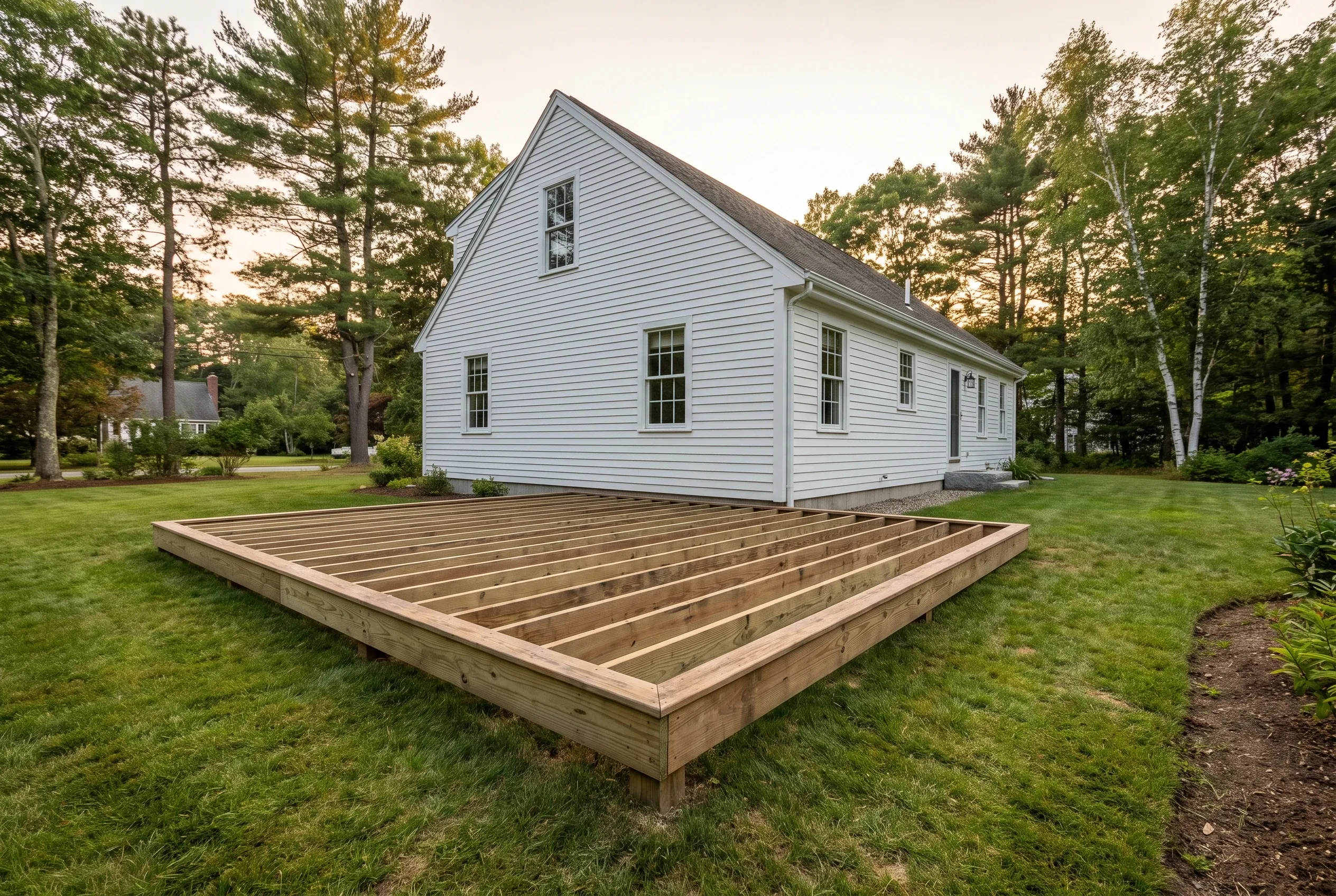Undecked wood deck framing with exposed joists set on a lawn behind a white-sided house, surrounded by tall trees