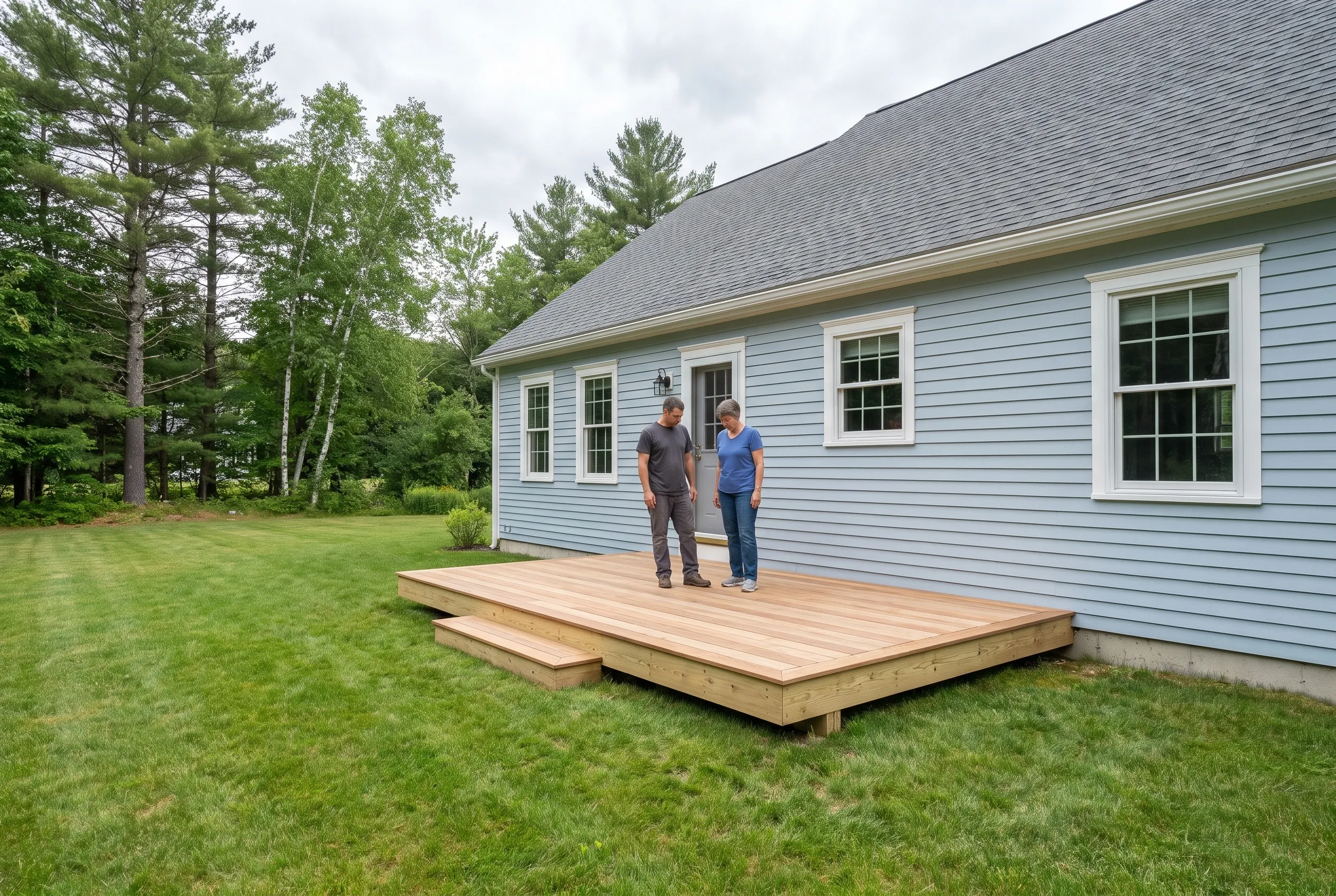 Two people stand on a low finished wood deck with a step along the back of a light blue-sided house