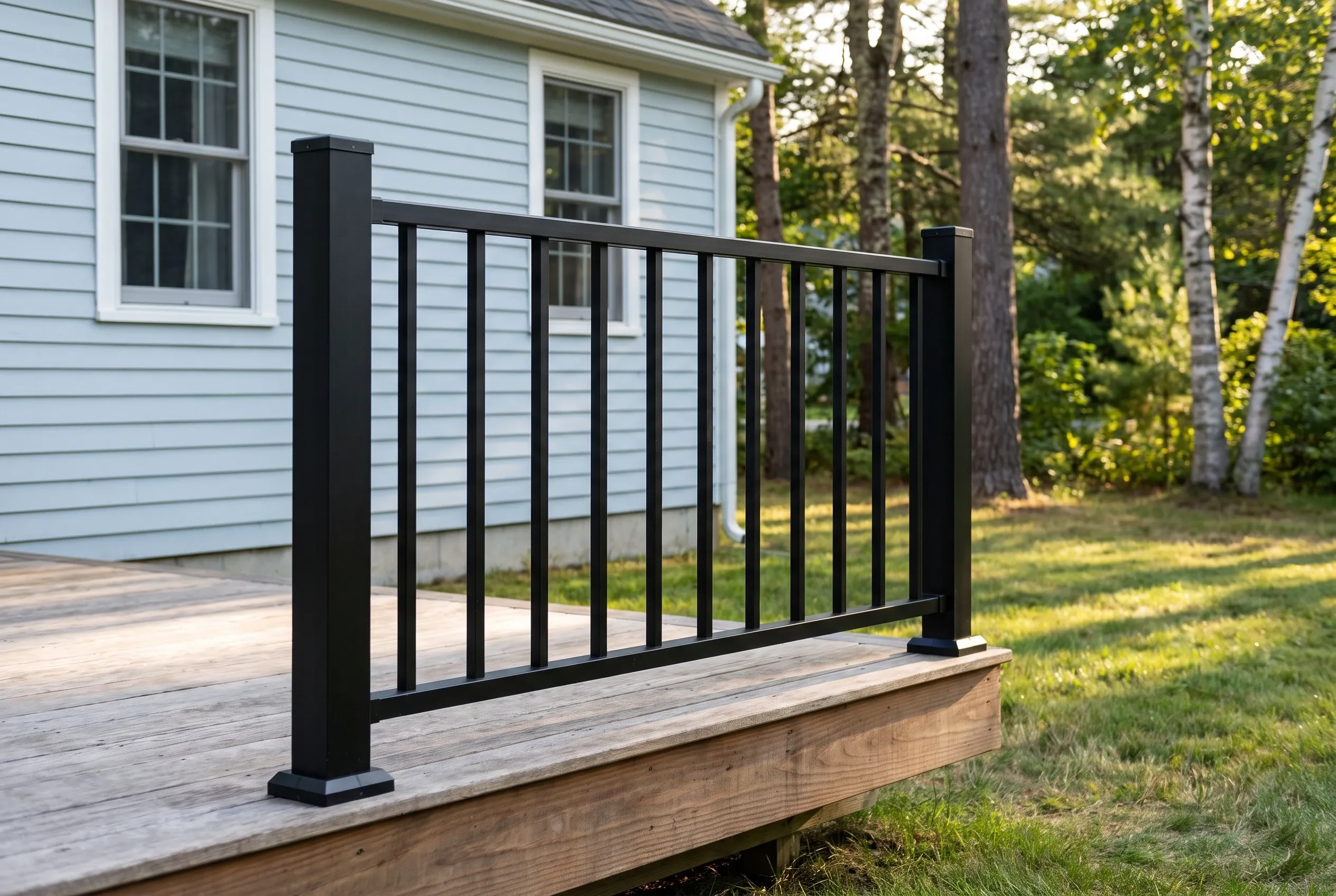 Close view of a black metal railing section with vertical balusters mounted on a weathered wood deck edge beside blue siding