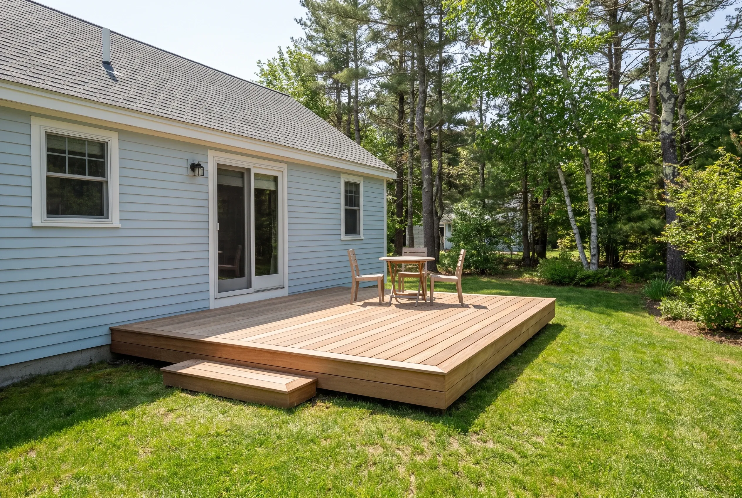 Low wood-toned deck with one step, a small table, and two chairs behind a light blue house surrounded by trees