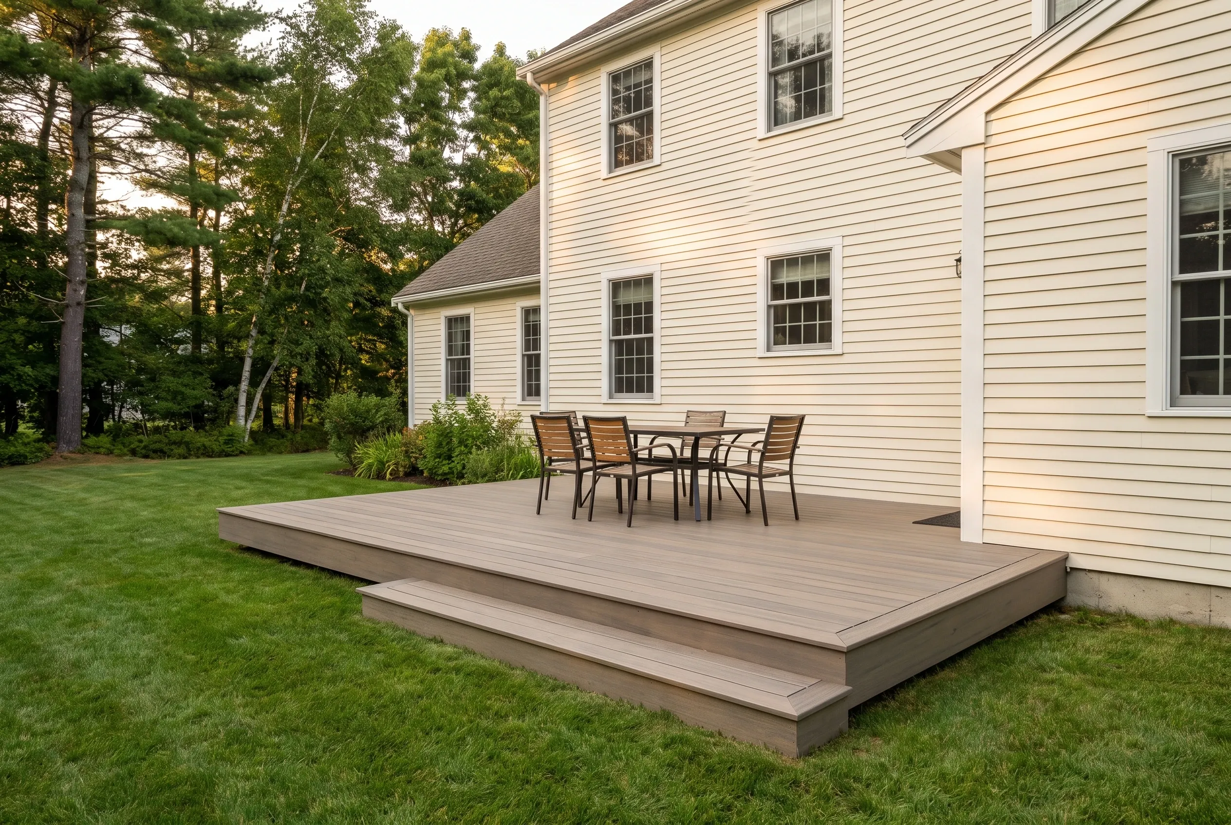 Deck builders in Old Orchard Beach, ME: low gray-brown deck with a wide step, dining table, and chairs beside a white clapboard house