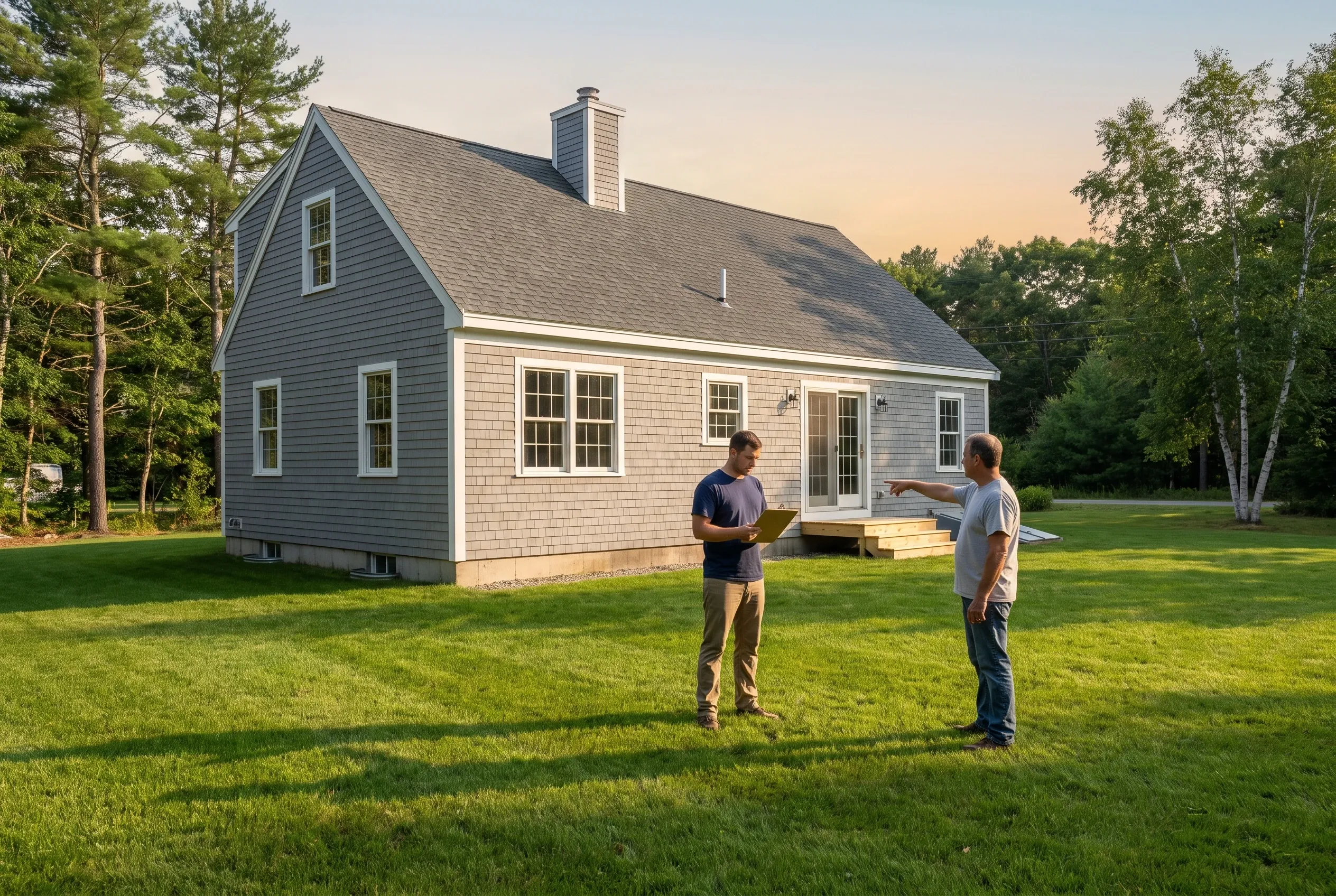 Two men stand on a backyard lawn, one holding a clipboard while the other points toward a gray shingled house
