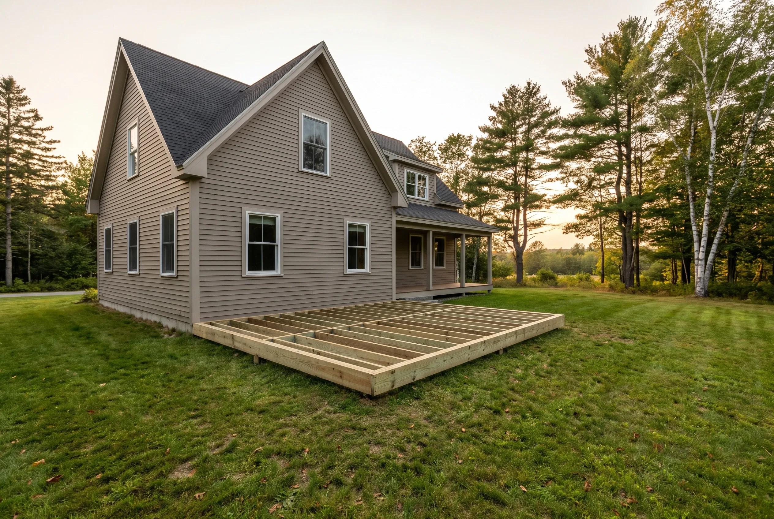 Undecked wood joist framing resting on a lawn beside a taupe-sided house, with no deck boards installed yet