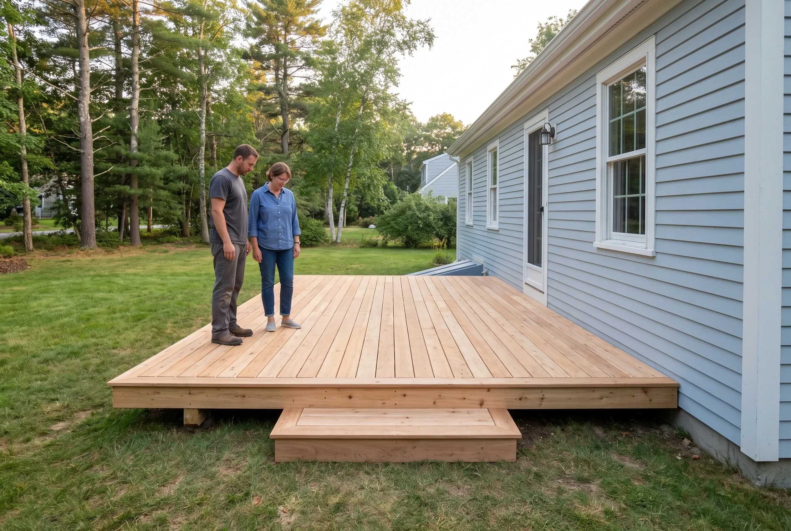 Man and woman standing on a finished low wood deck with a single step beside a light blue clapboard house