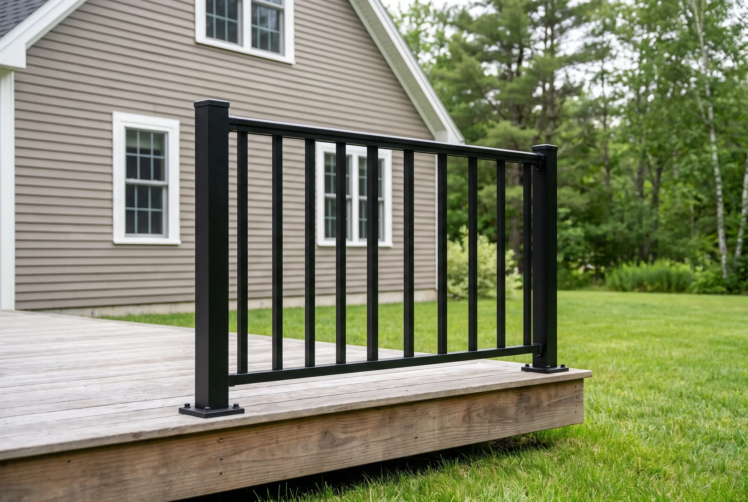 Black metal railing section with vertical balusters mounted on a low wood deck beside a gray clapboard house