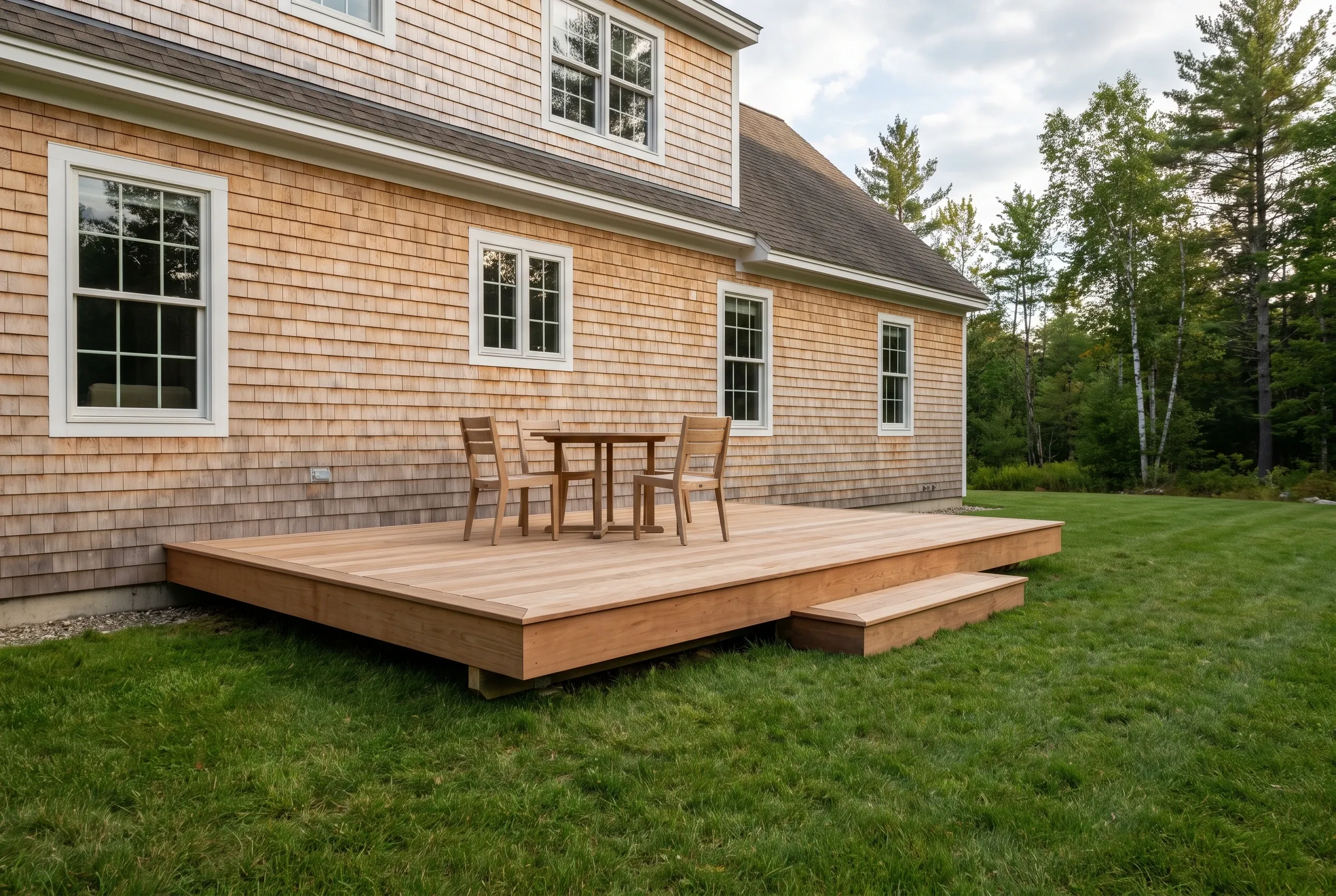 Low wood deck with a small table, two chairs, and a step beside a cedar-shingled house near trees