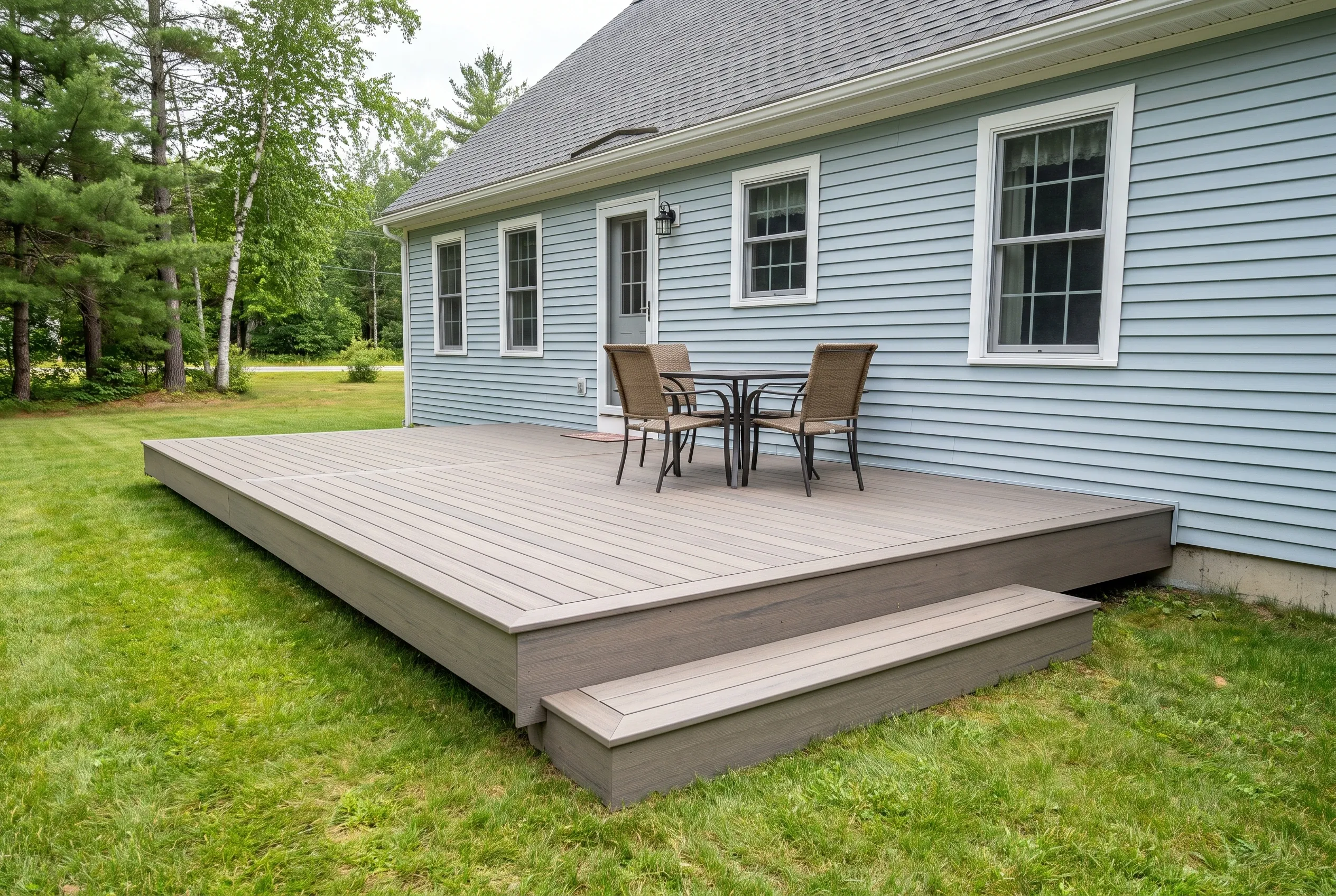 Deck builders in Parsonsfield, ME: low gray-surfaced deck with patio table, chairs, and a wide step beside a light blue house