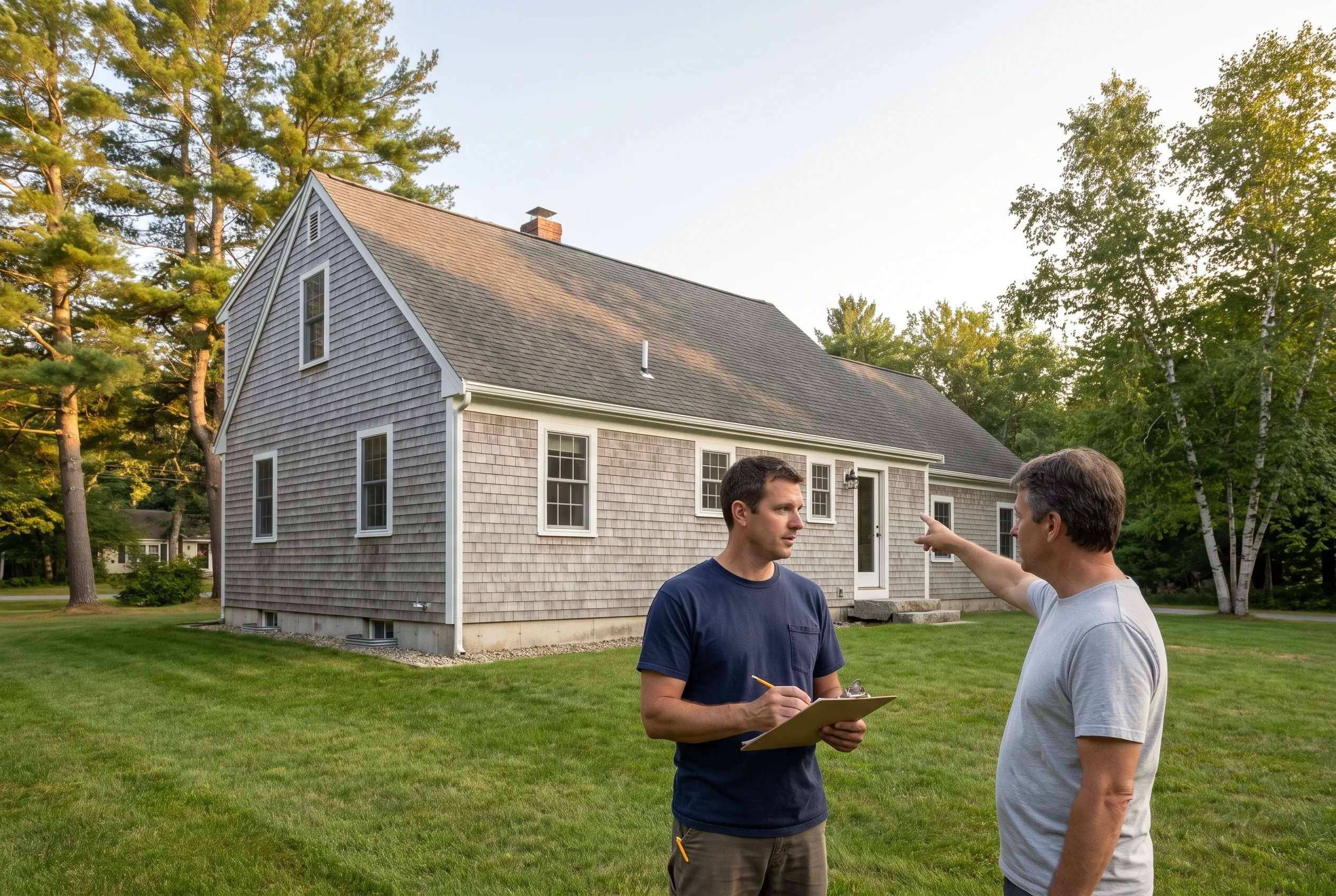 Two men talking on a lawn outside a gray shingled house, one holding a clipboard while the other points toward the house