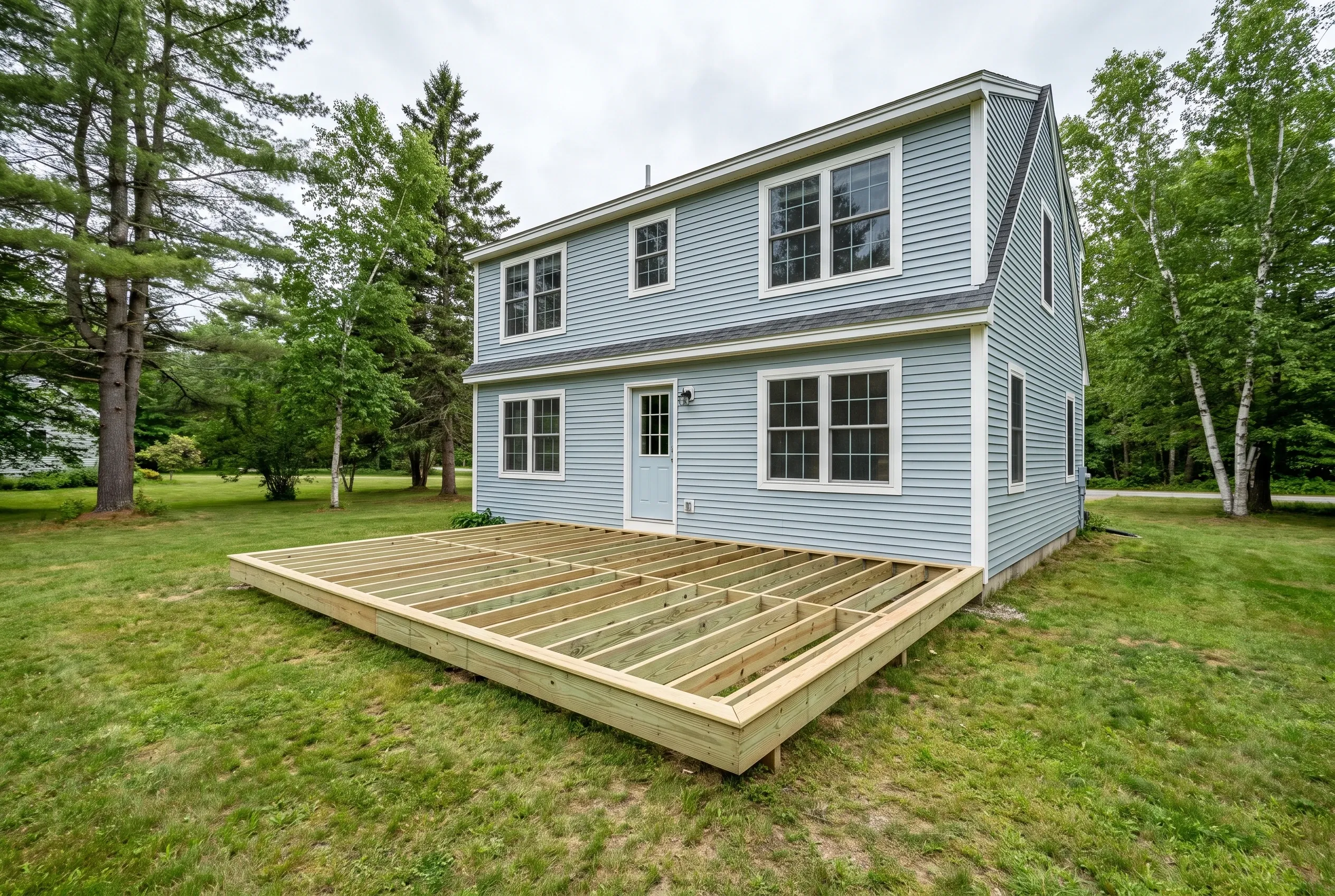 Undecked wood deck framing with exposed joists set low on the lawn beside a light blue two-story house