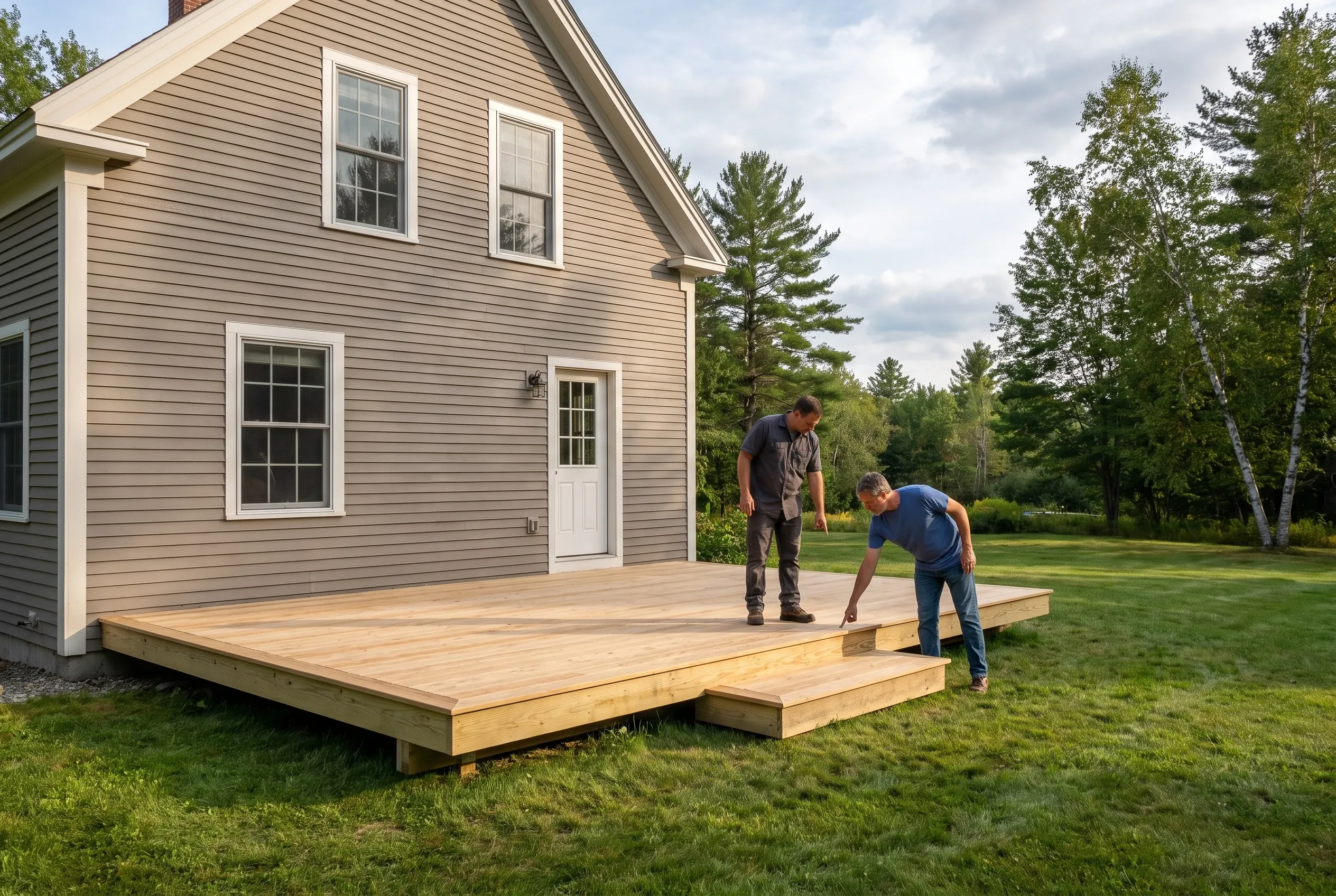 Two men examining a finished low wood deck with a single step beside a taupe-sided house on a lawn