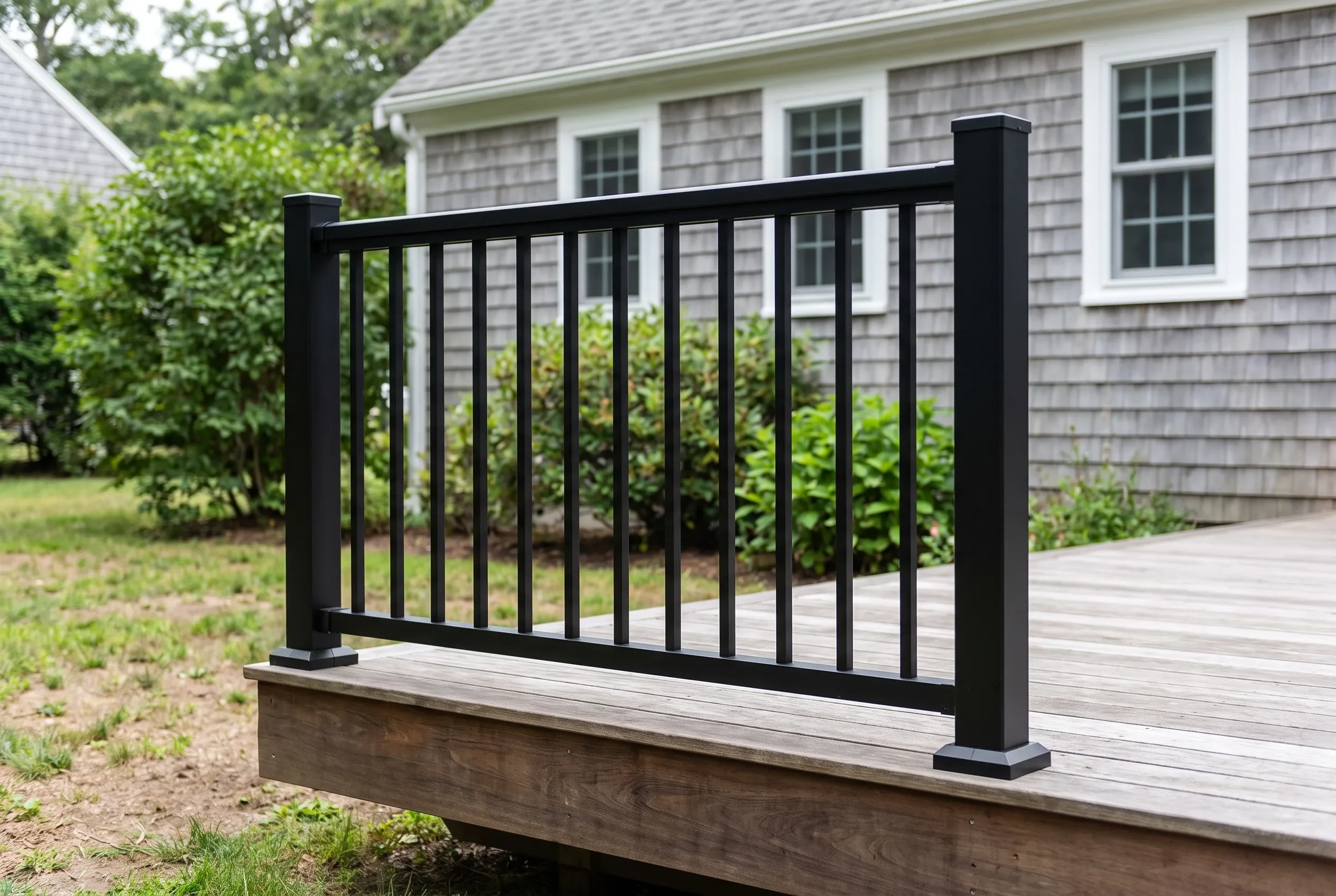 Black metal railing section with vertical balusters on the edge of a weathered wood deck beside a gray shingled house
