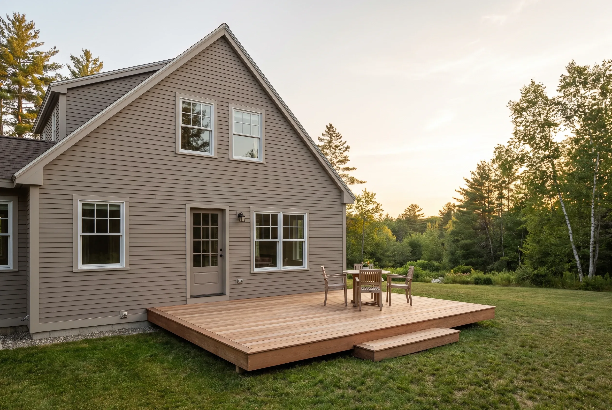 Low wood-tone deck with a small step, table and chairs behind a taupe house, shown at sunset with trees beyond.