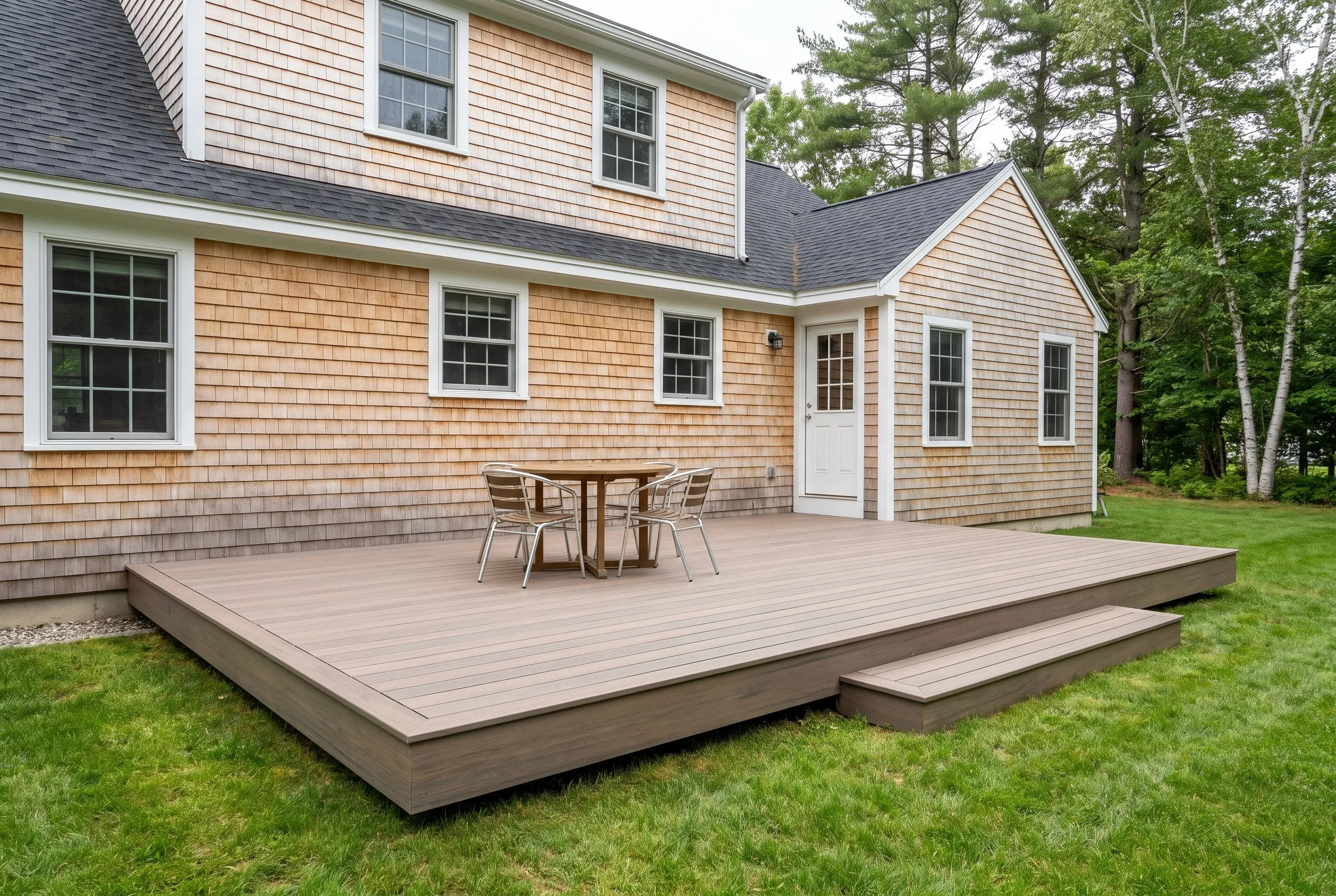 Deck builders in Portland, ME: low gray deck with a long step, table and chairs behind a cedar-shingled two-story house.