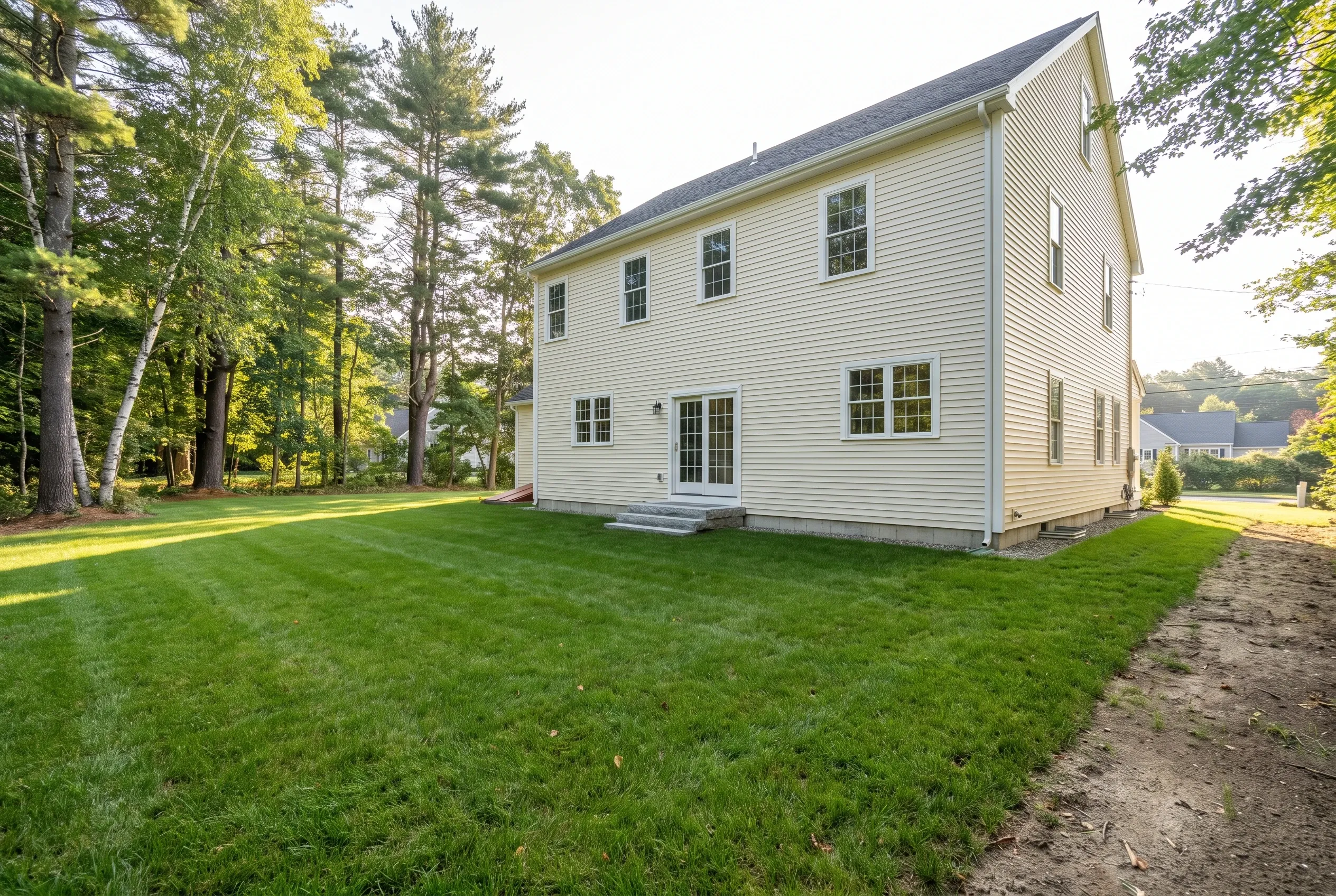 Back of a cream two-story house with small entry steps, open mowed lawn, a dirt strip and tall trees, with no deck.
