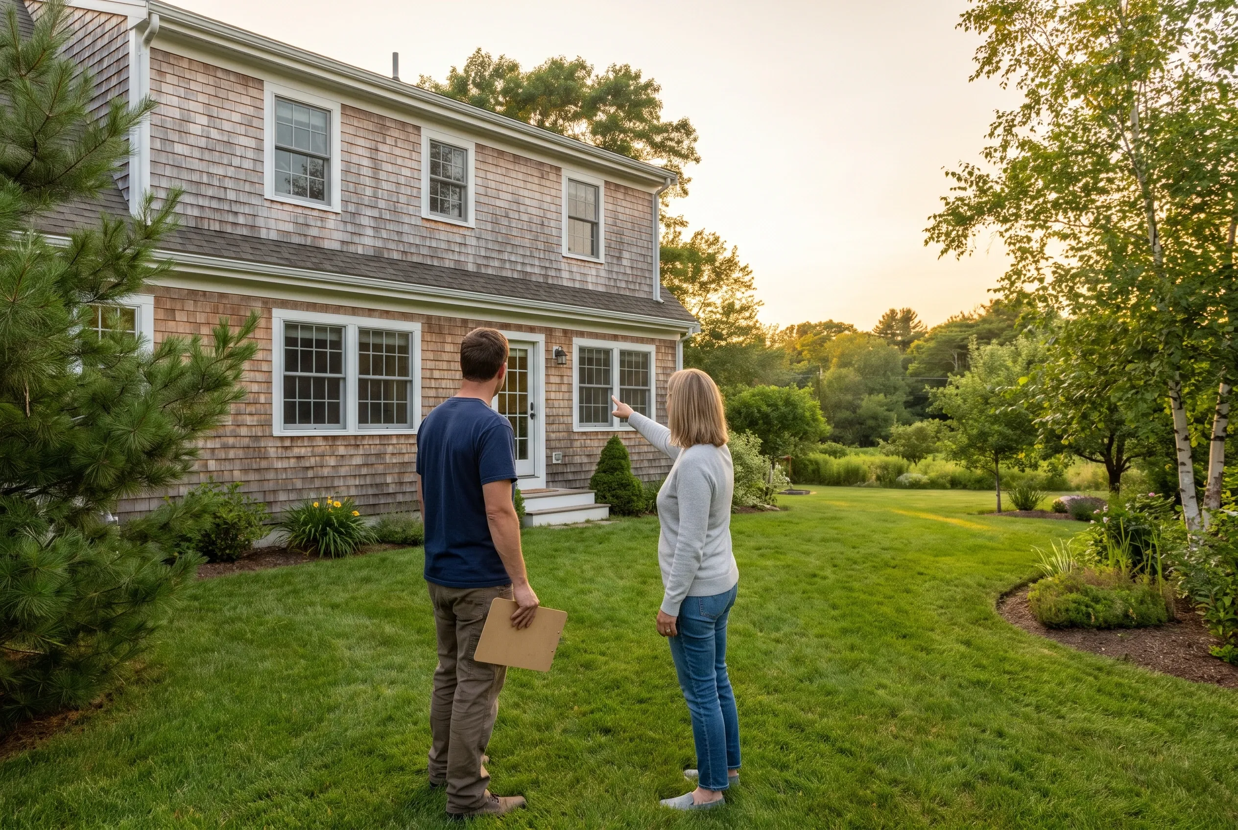 Man holding a clipboard and a woman pointing toward a cedar-shingled house while standing together on a backyard lawn.