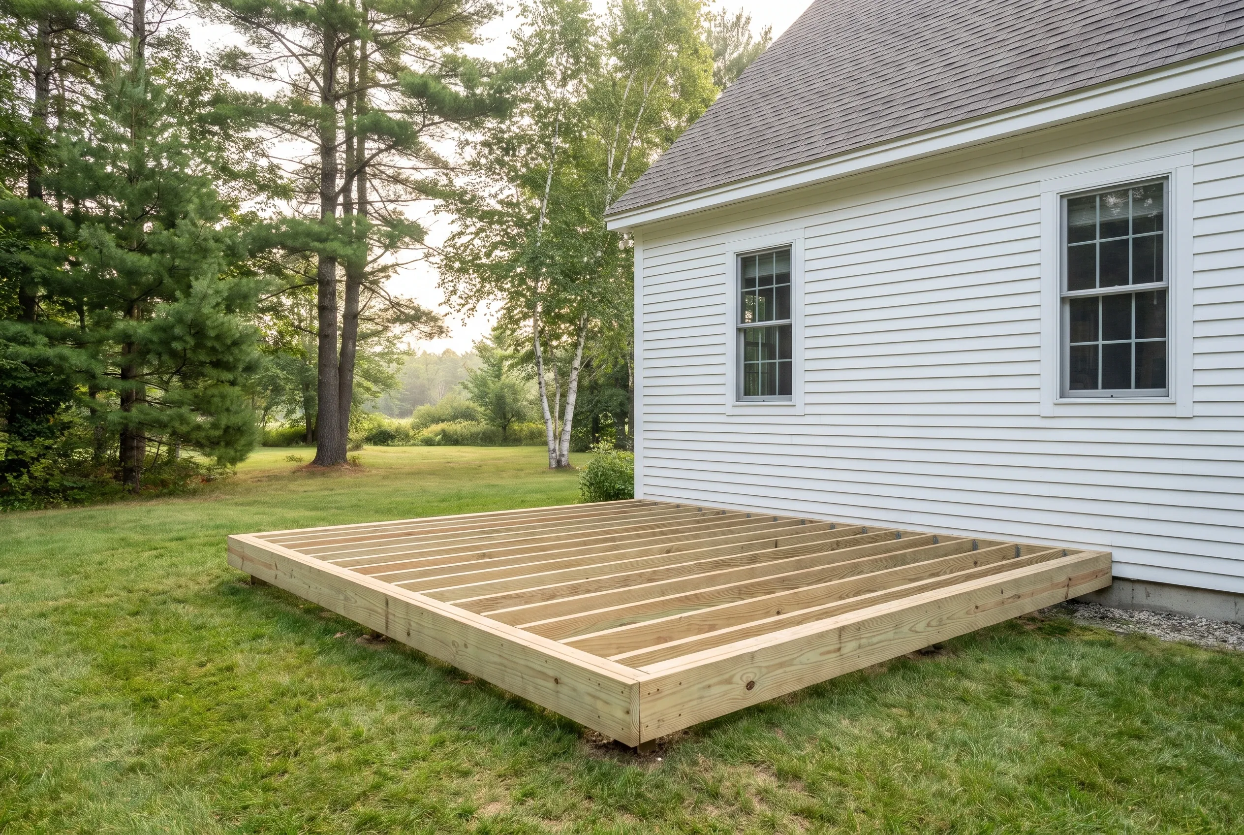 Undecked wood joist frame resting on the lawn beside a white clapboard house, with trees in the background.