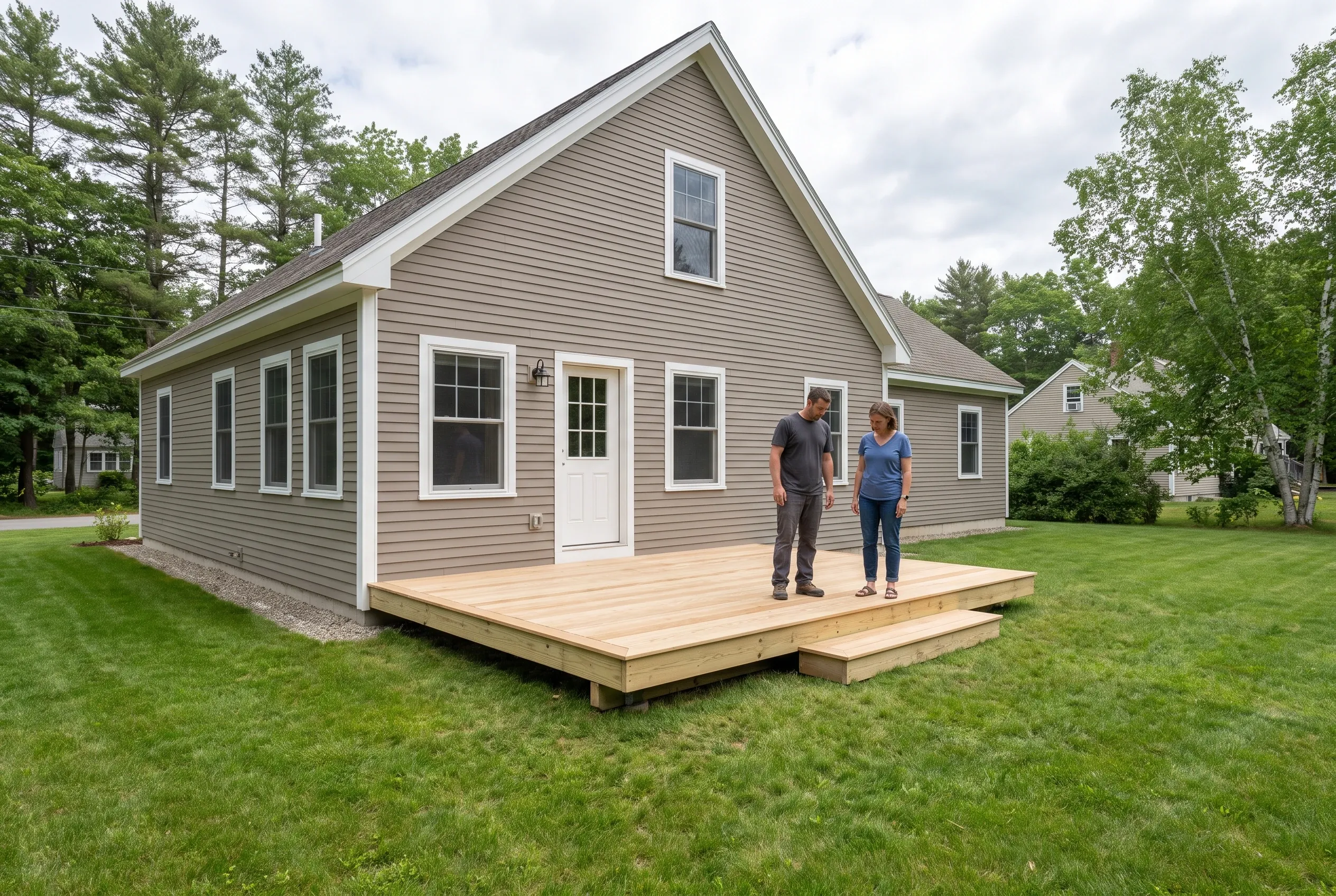 Two people standing on a completed low unstained wood deck with one step behind a taupe house with white trim.