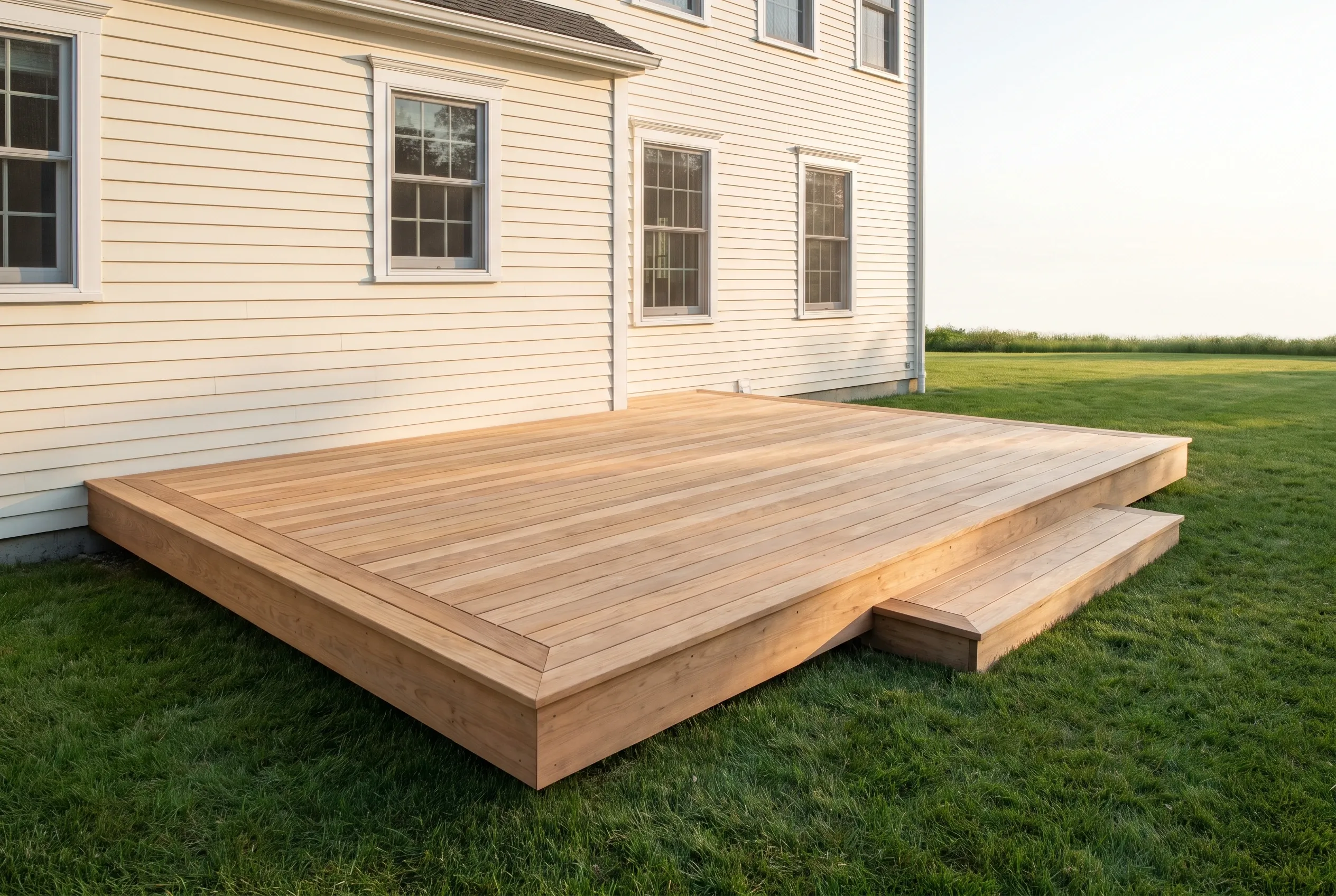 Low wood platform deck with a single step on a lawn behind a cream clapboard house in soft evening light.