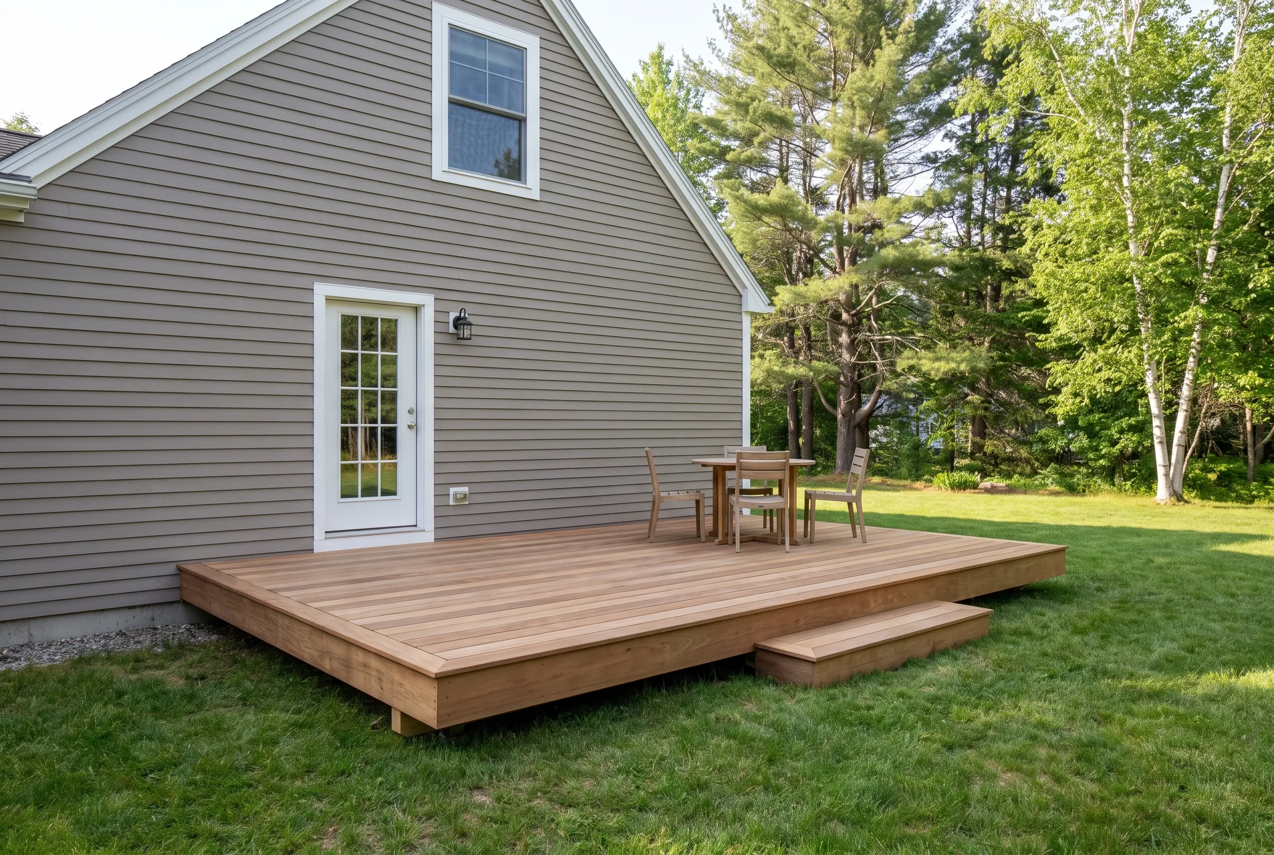 Low wood deck with one wide step outside a gray-sided house door, holding a small table and chairs on a lawn