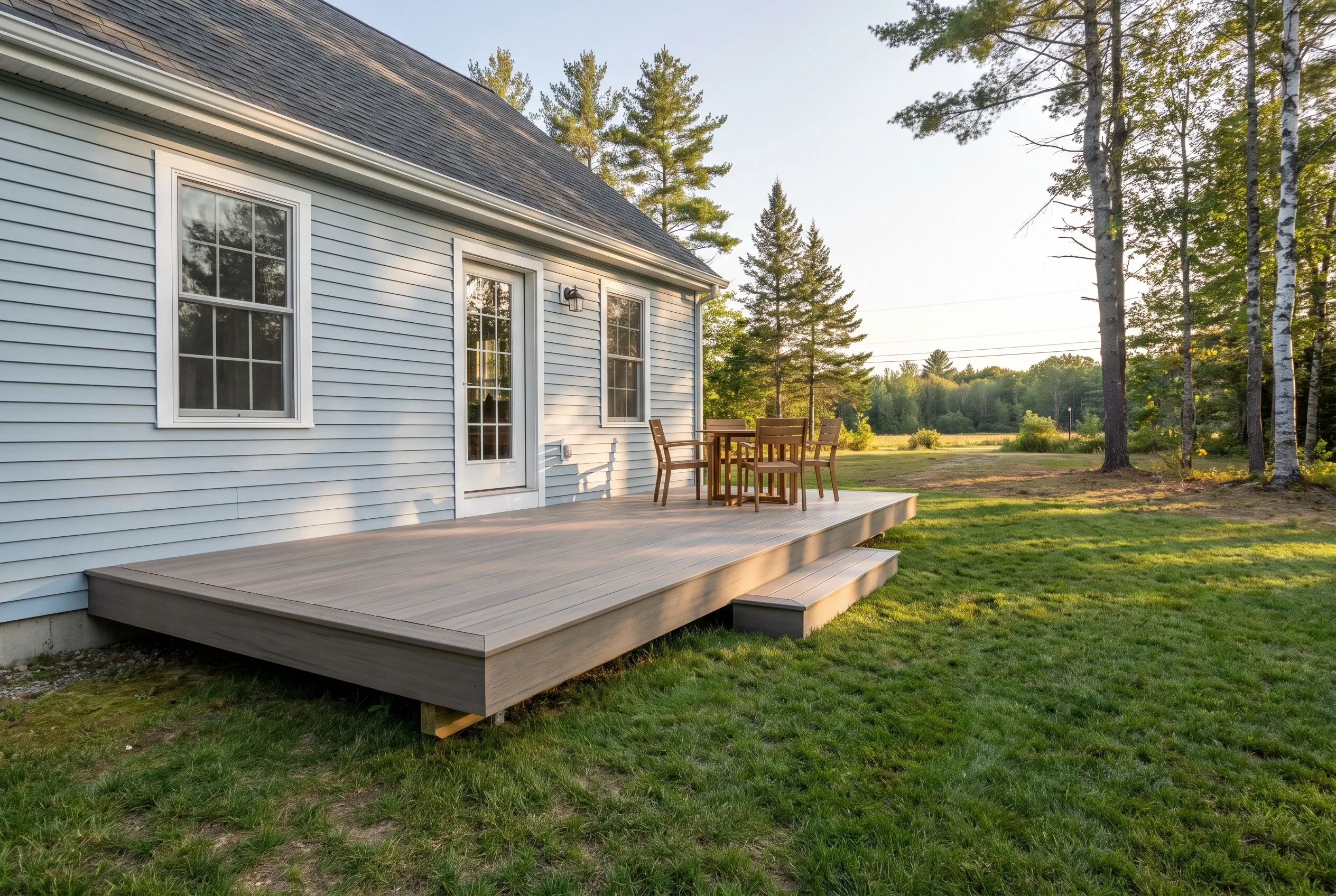 Deck builders in Pownal, ME: low gray-board deck with step and patio table set beside a light blue house and lawn