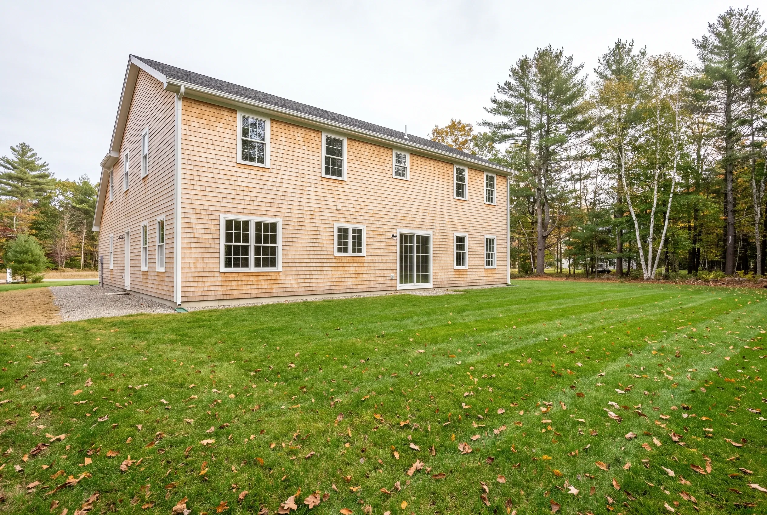 Open backyard lawn with scattered leaves behind a two-story cedar-shingled house, with no deck present, edged by pine trees