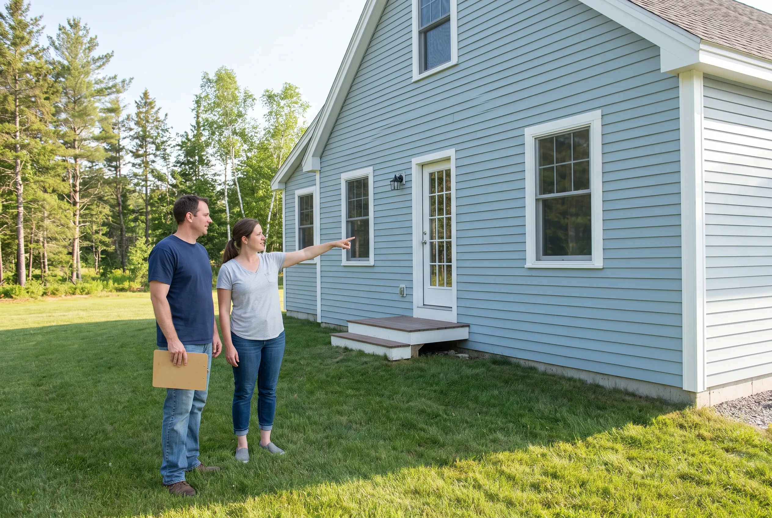 Two people standing on a lawn near a light blue house, one holding a clipboard while the other points toward the back door