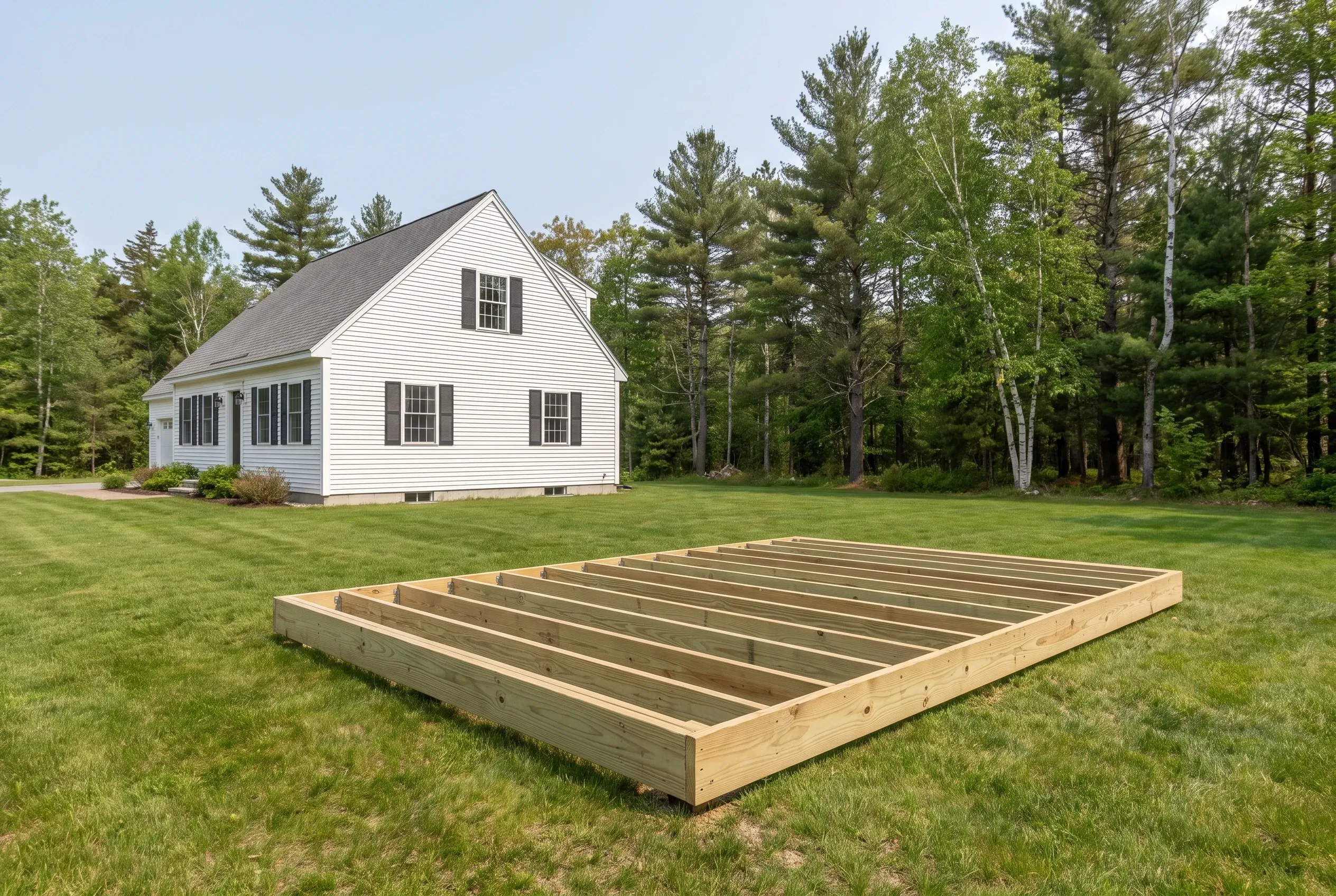 Undecked rectangular wood frame with parallel joists resting on a lawn, with a white house and trees in the background
