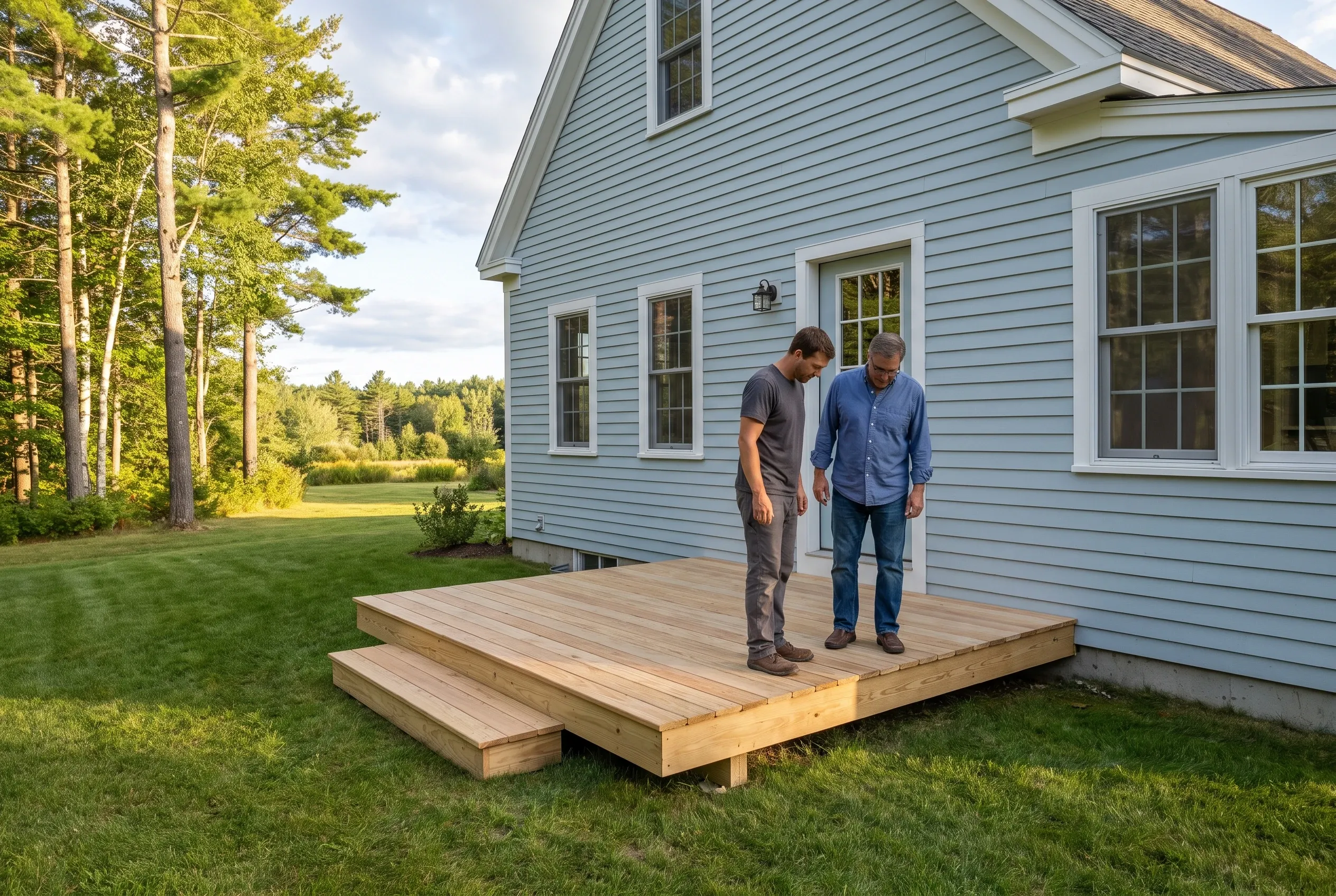 Two men standing on a low unfinished-wood deck with wide steps, looking down at the boards beside a light blue house