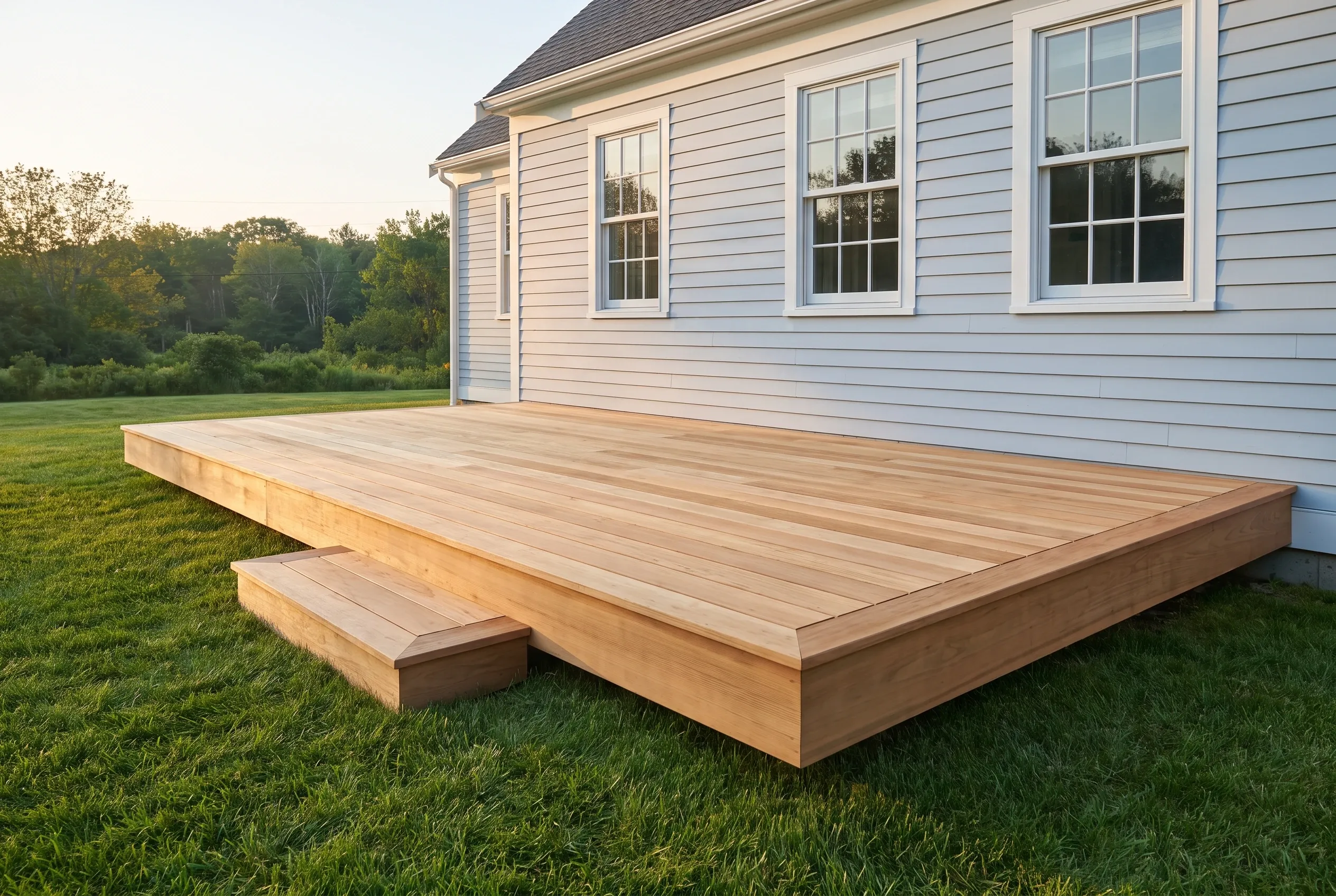 Low wood deck with a front corner step on grass beside a light blue clapboard house, trees at dusk.