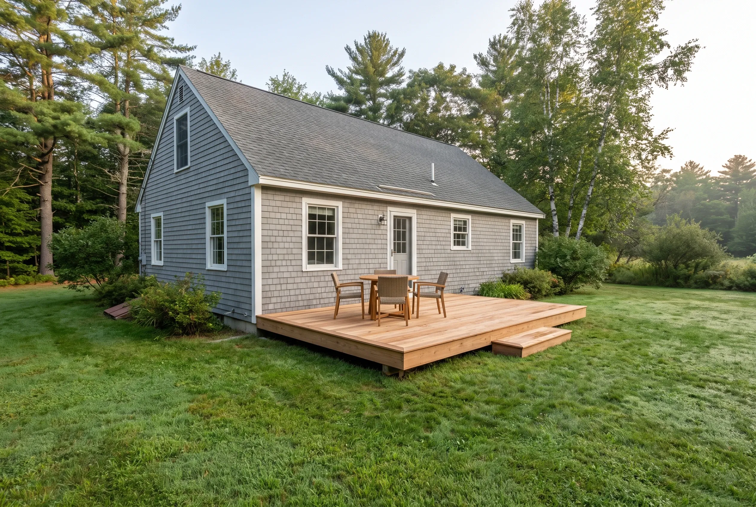 Low wood deck with a single step, table and chairs beside a gray shingled cape house on a lawn with pine trees