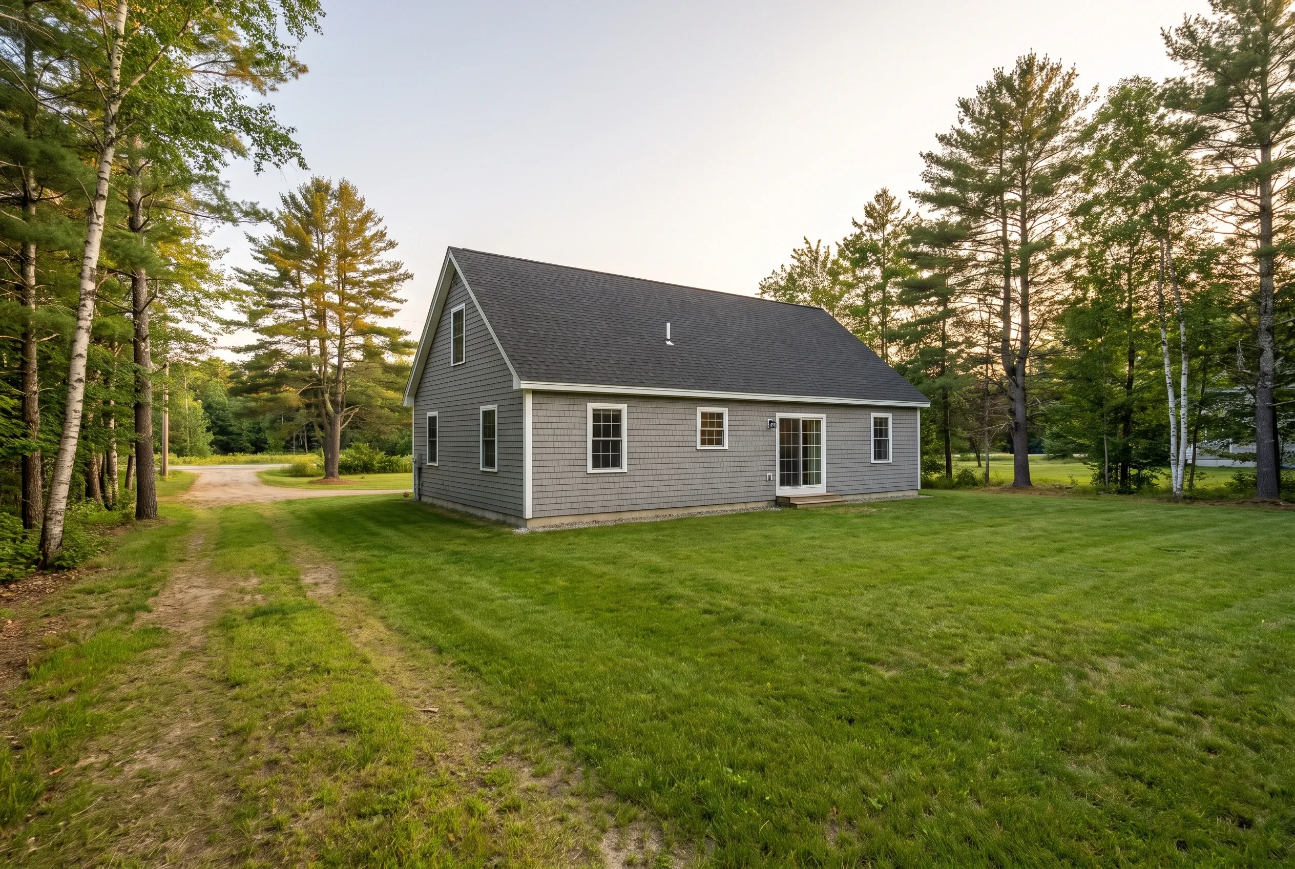 Gray sided house with no deck, surrounded by open lawn, a dirt track, and tall pine and birch trees
