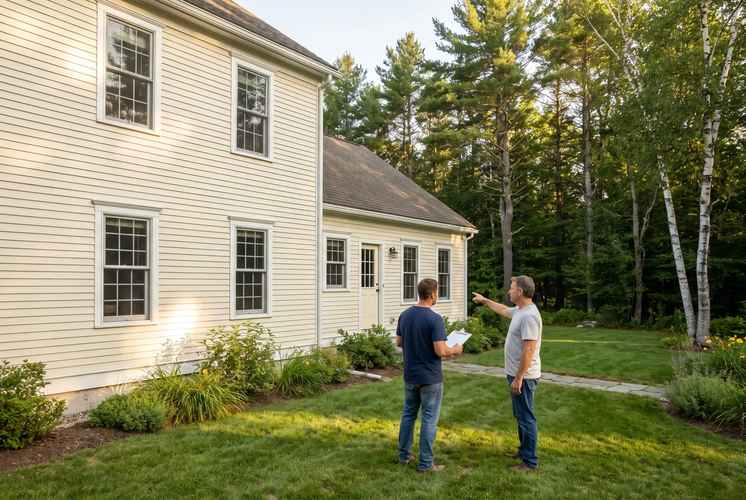 Two men talking on a backyard lawn beside a pale yellow house, one pointing while the other holds papers