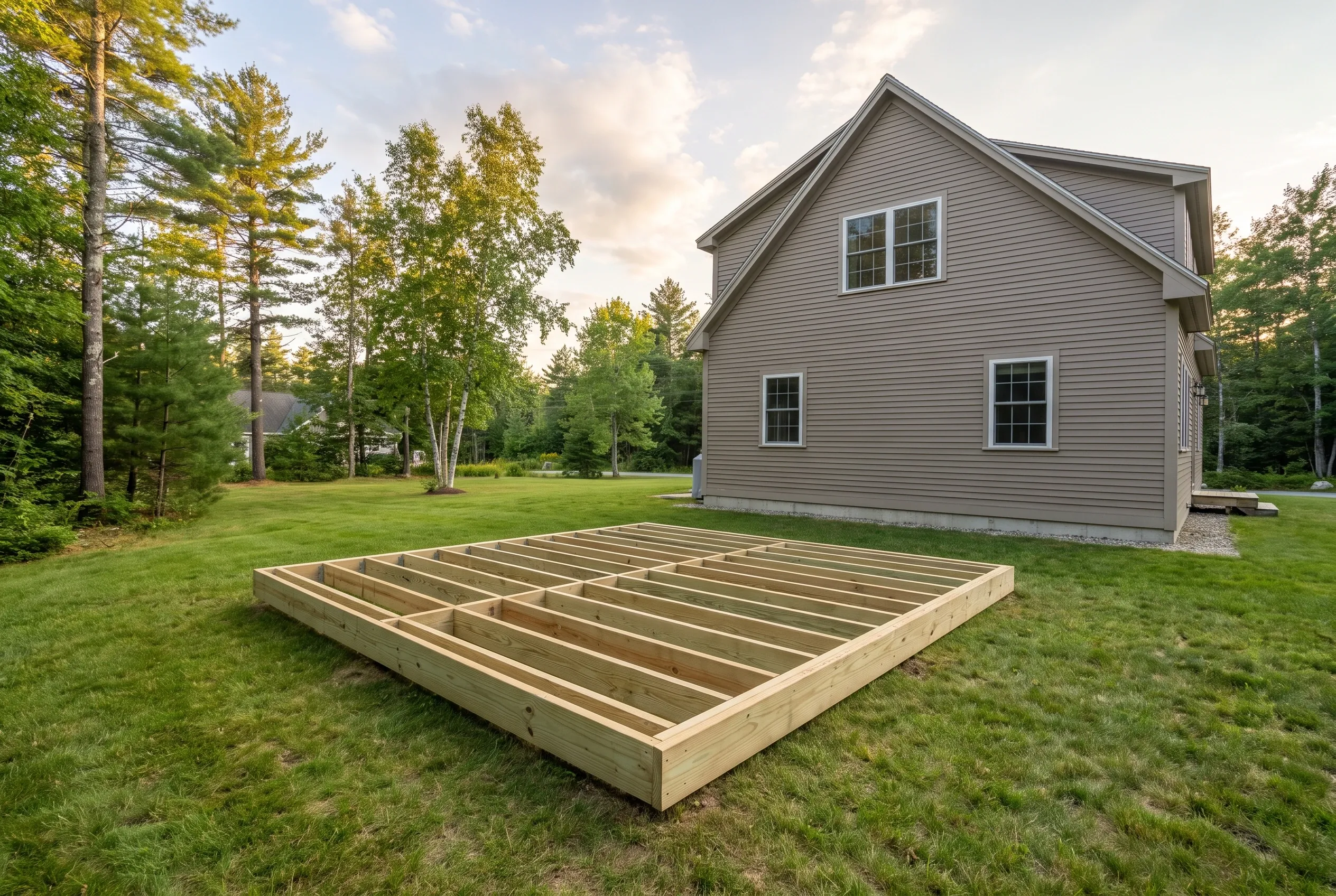 Rectangular wood deck frame with joists and no decking resting on a lawn in front of a tan house