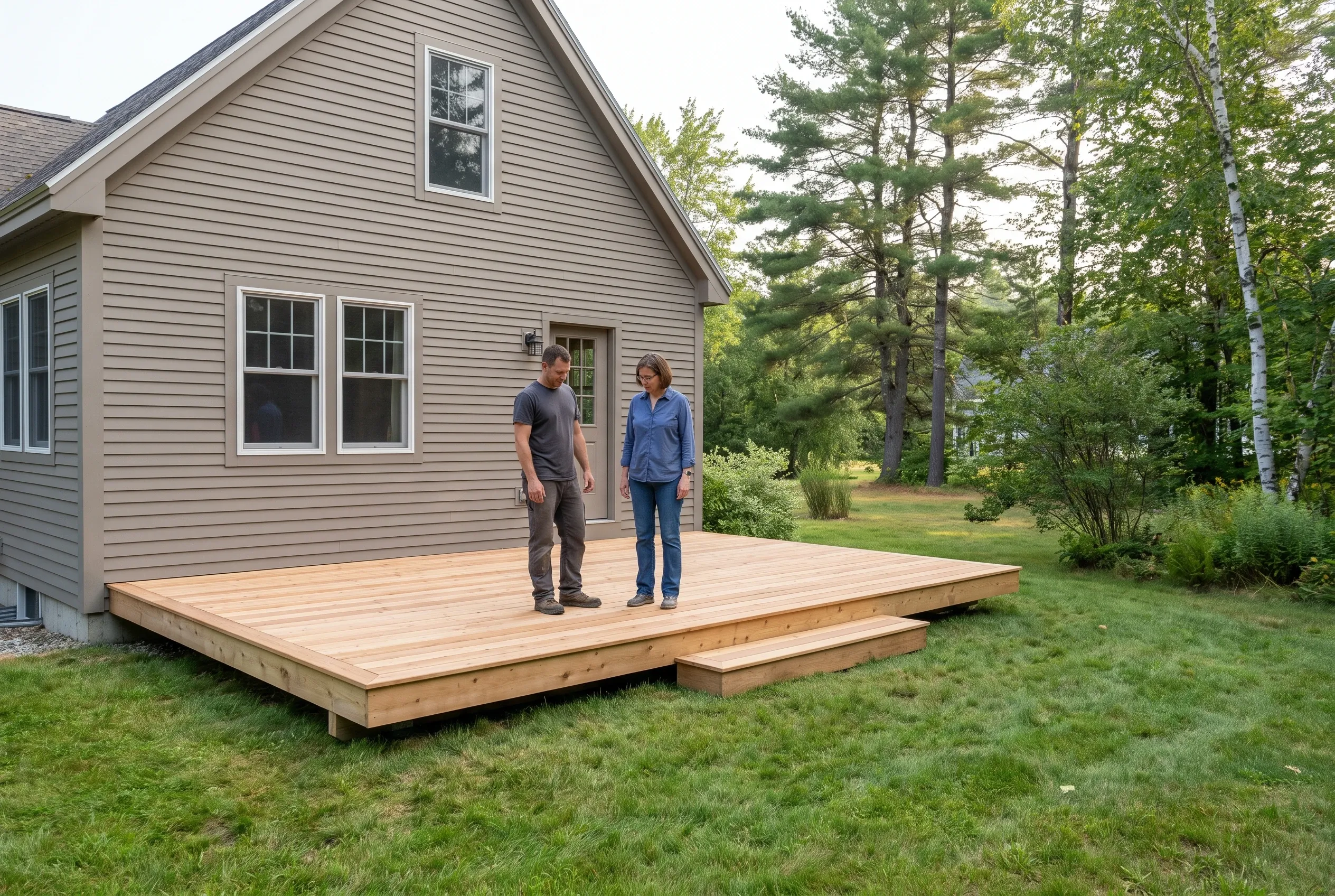 Two people standing on a finished low wood deck with a step beside a tan sided house and trees
