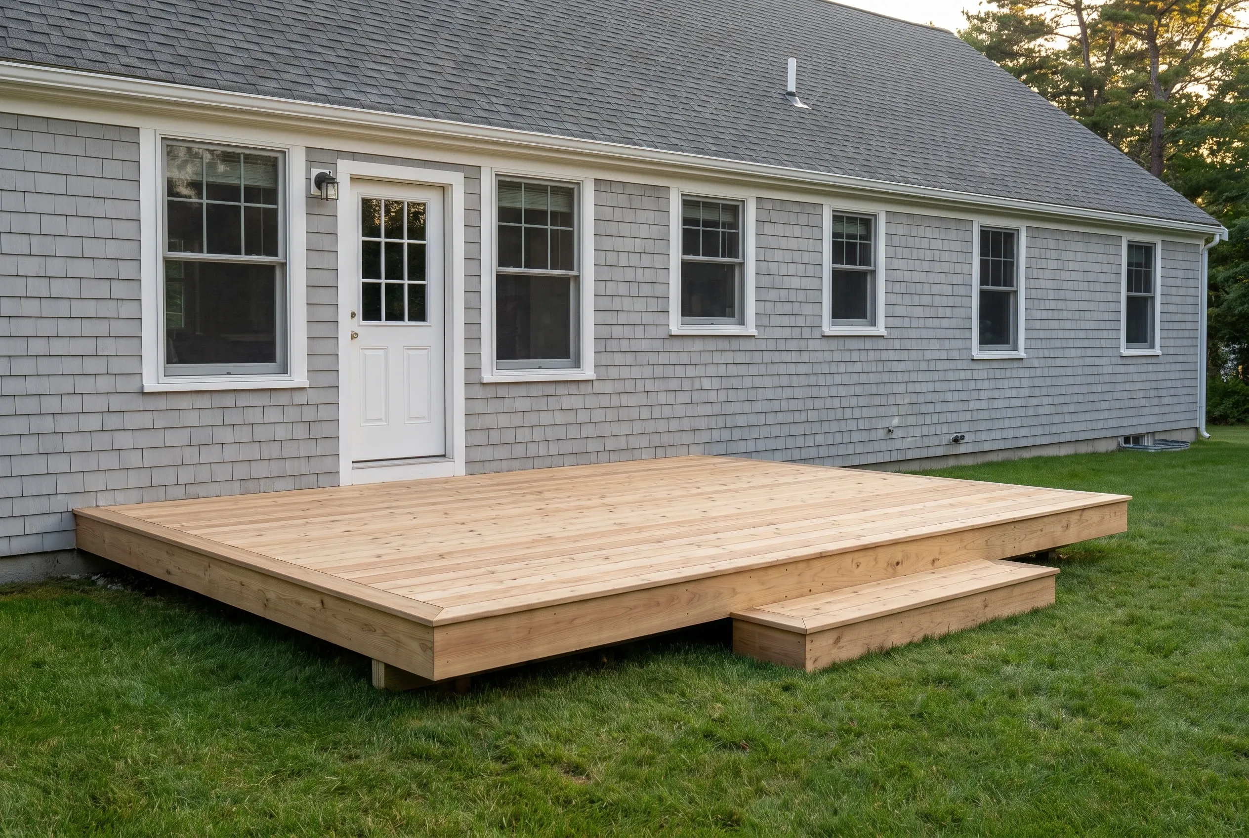 Low light-colored wood platform deck with a single wide step, attached to a gray shingled house beside a green lawn