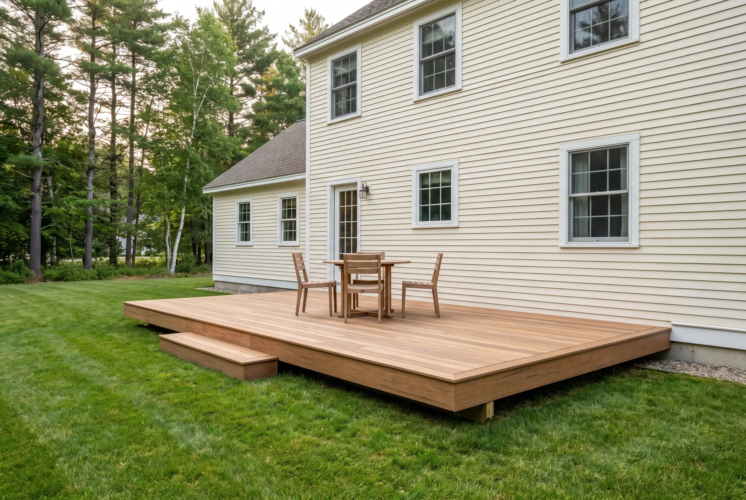Low wood deck with a step, wooden table, and chairs beside a cream-sided two-story house on a mowed lawn
