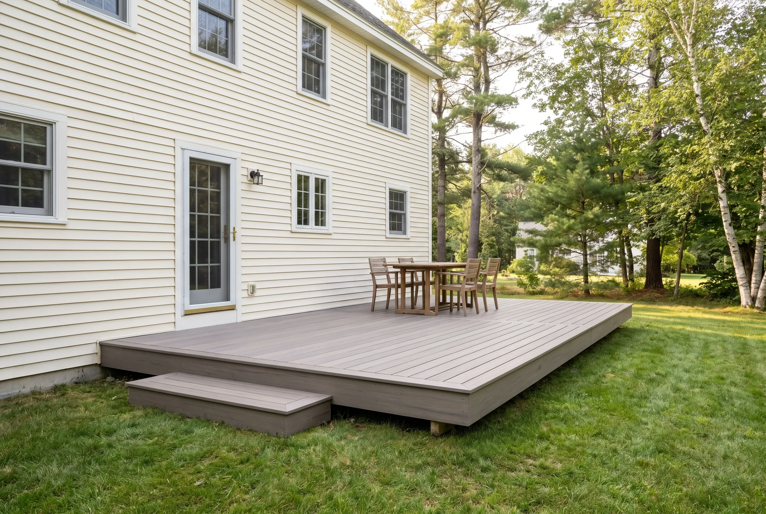 Deck builders in Saco, ME: low gray-board deck with a step, table, and chairs beside a cream-sided two-story house