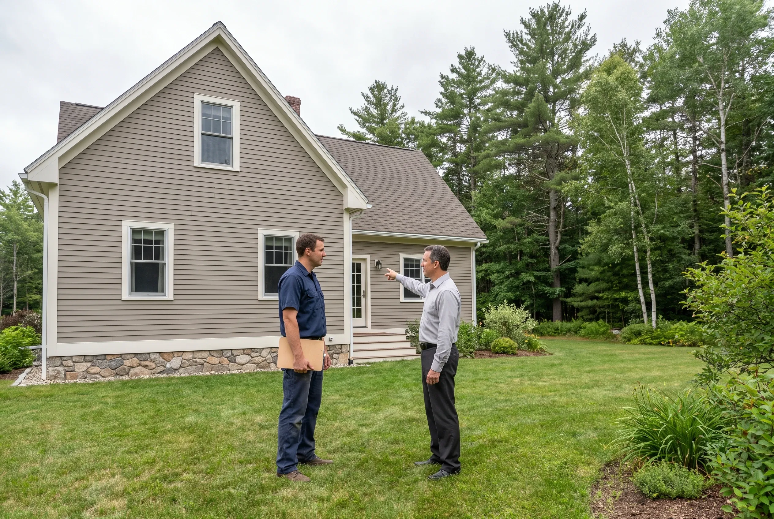 Two men standing on a lawn outside a taupe-sided house, one holding a folder while the other points toward the house