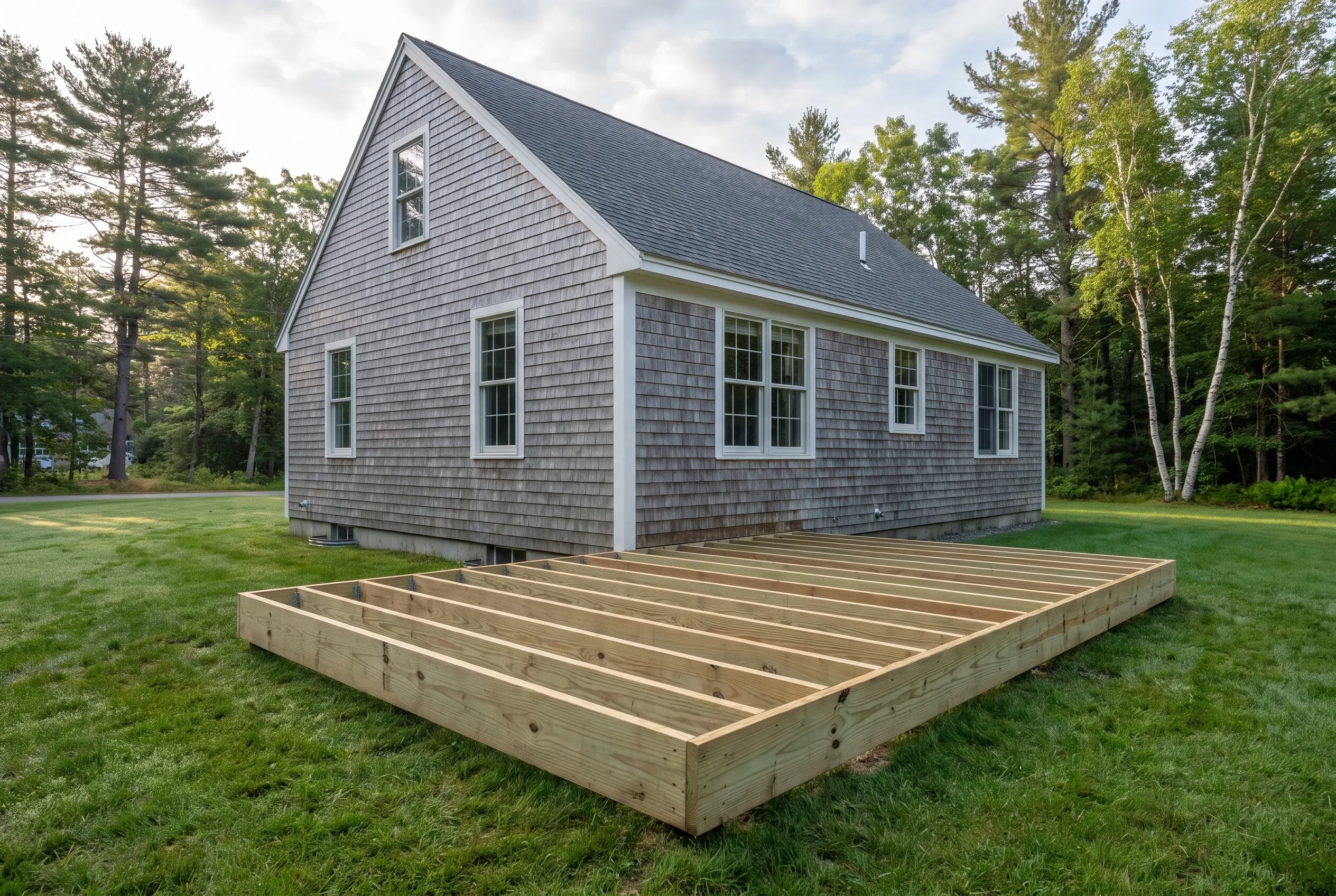 Undecked wood deck frame with joists sitting on a lawn beside a gray shingled Cape-style house surrounded by trees