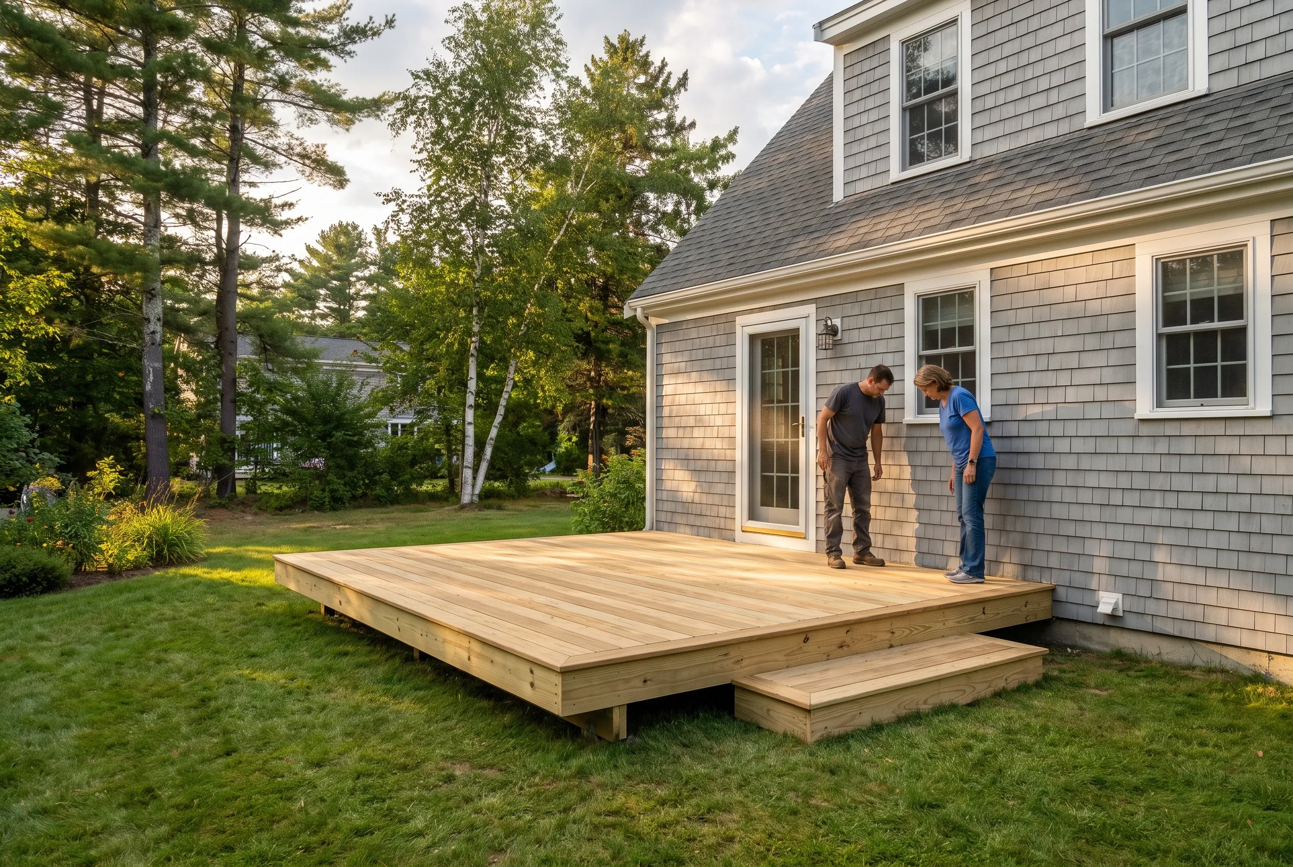 Two people standing and talking on a finished low wood deck with a single step beside a gray shingled house