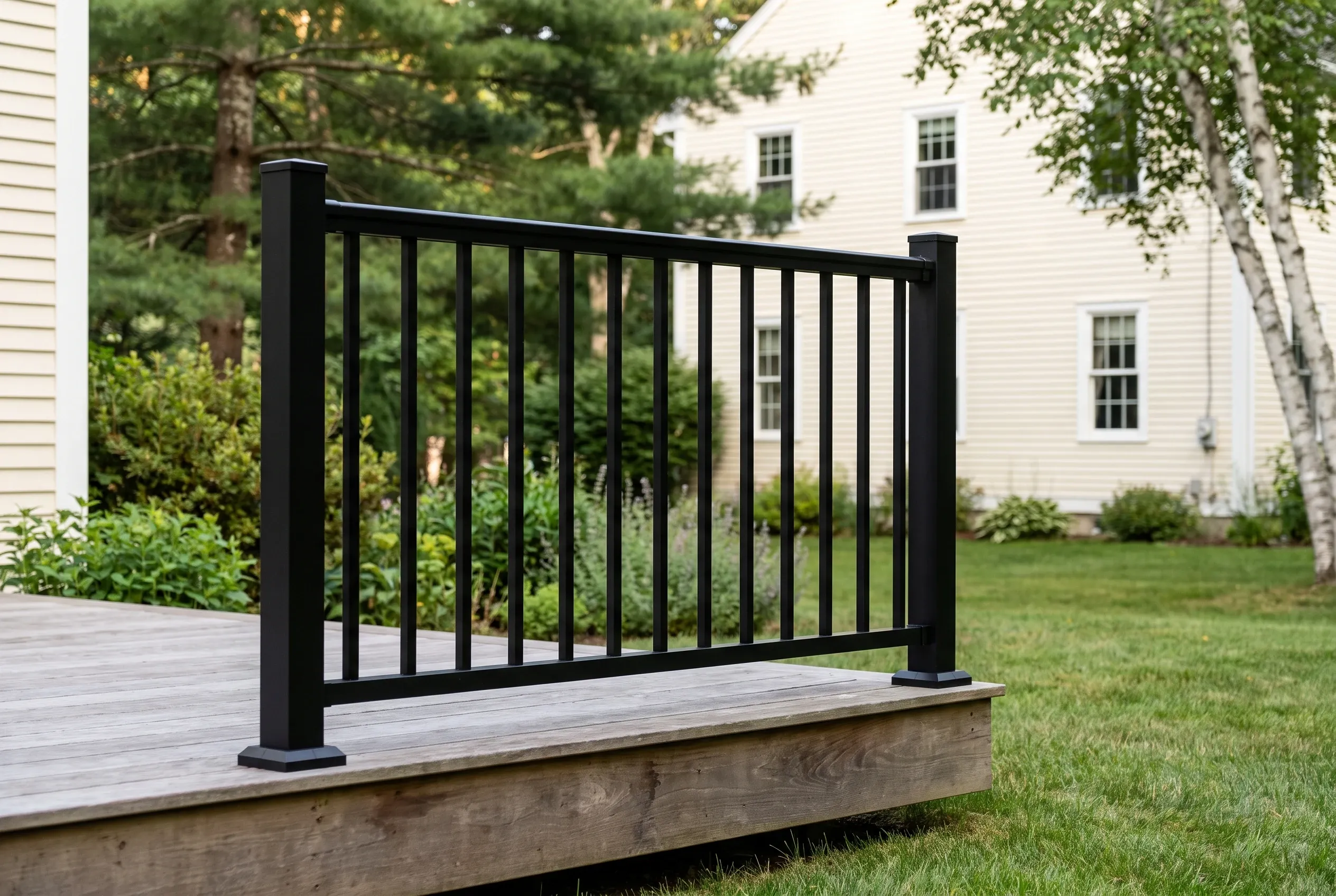 Close view of a black metal railing section with vertical balusters mounted on the edge of a low gray deck