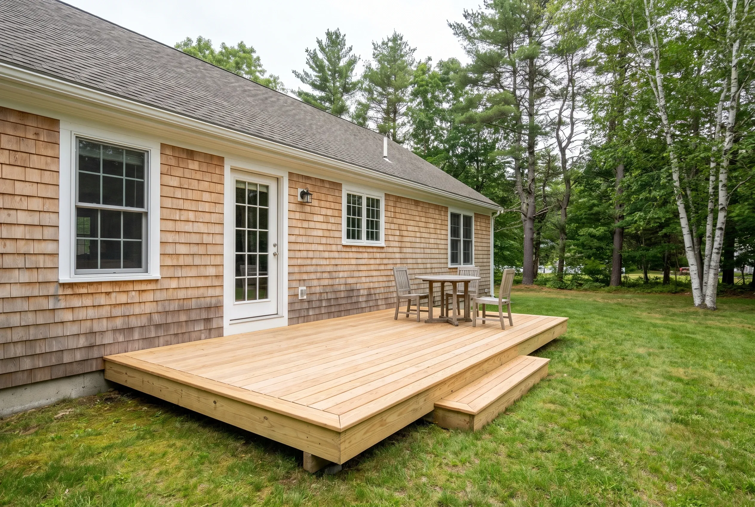 Low light-colored wood deck with a step, a small table and chairs beside a cedar-shingled house