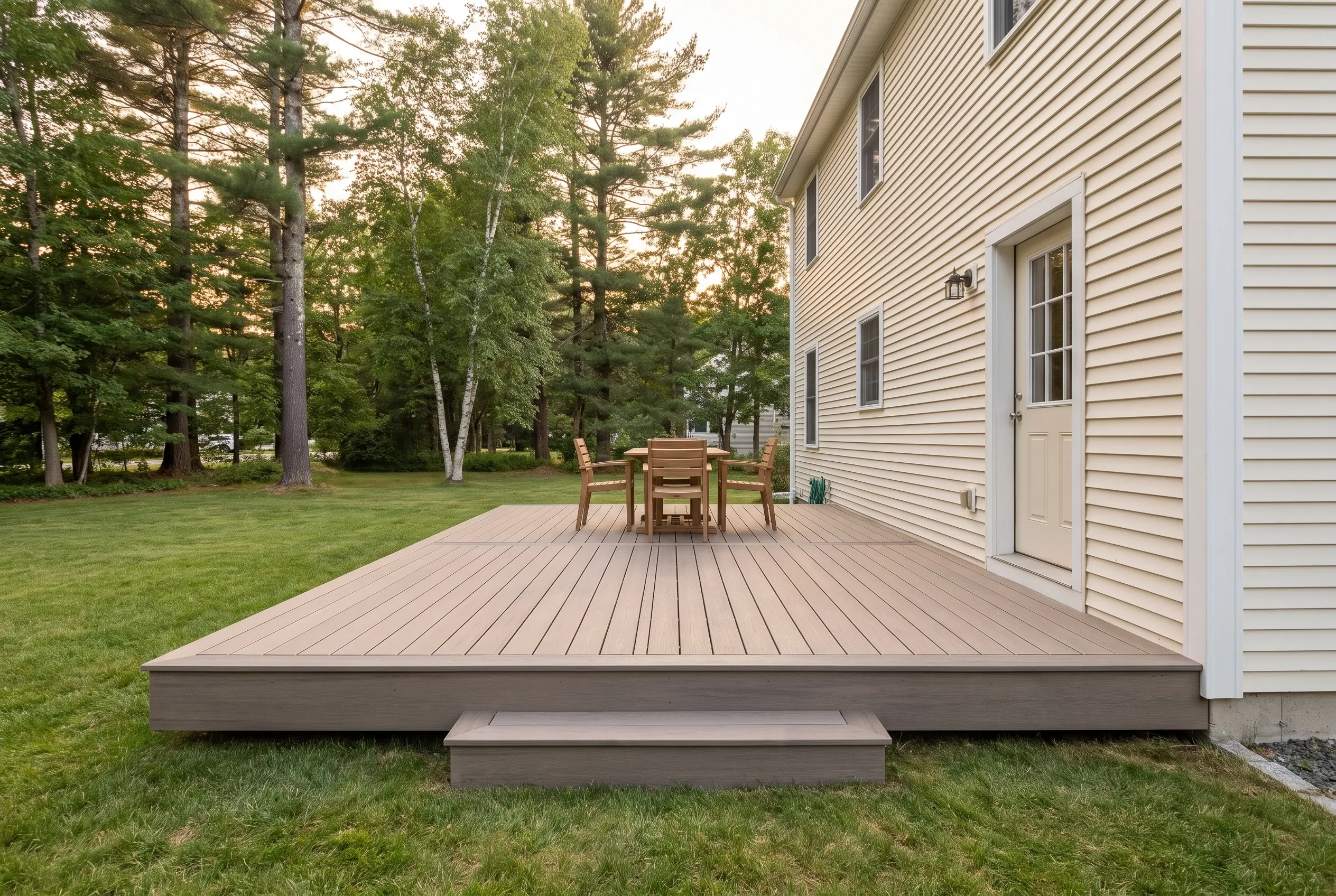 Deck builders in Sanford, ME: Low tan deck with a single step, a dining table and chairs beside a cream-sided house